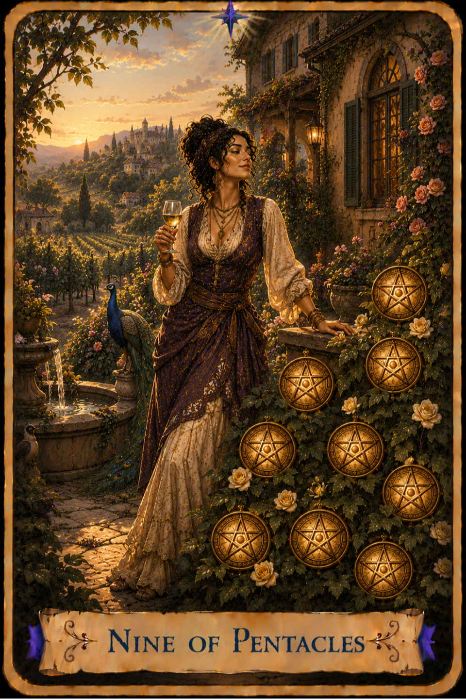 Seven of Pentacles Tarot card from the Unconquered Heart Tarot showing a hand holding a golden pentacle above a flower-filled garden. An open garden gate leads along a stone path toward a sunlit valley and distant mountains.