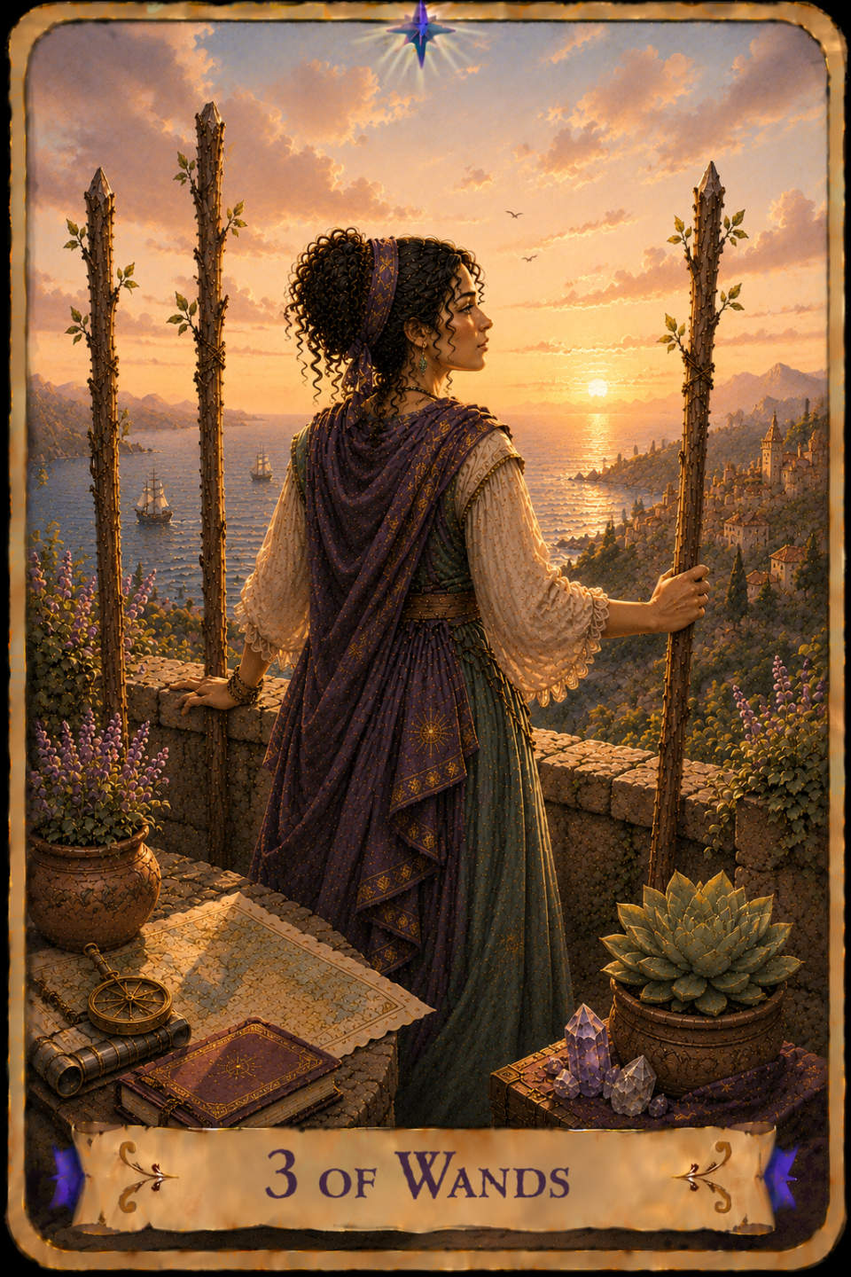3 of Wands Tarot card showing a woman with long curly dark hair standing on a stone terrace beneath a warm golden sky, viewed from behind as she looks out across the sea and surrounding landscape. She wears a green gown with flowing cream-colored sleeves beneath a purple embroidered cloak and rests one hand on a stone wall while holding a tall wooden wand in the other. Two additional wooden wands stand upright to her left. She overlooks sailing ships crossing the water, a coastal village, rocky cliffs, and distant mountains. An open map, a telescope, a compass, and a closed journal rest on a stone table nearby, while flowering plants, climbing vines, a large potted succulent, and purple crystal points decorate the terrace.