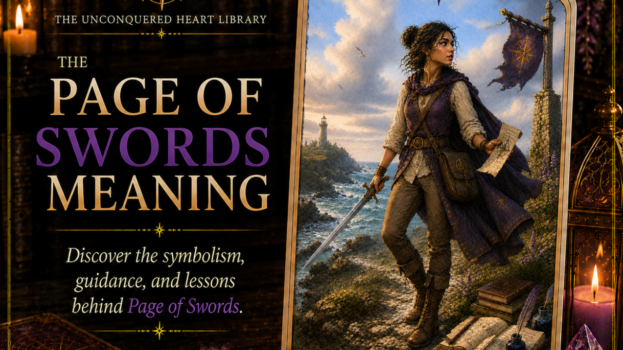 Page of Swords Tarot Card Meaning featuring the card from the Unconquered Heart Tarot. Card is fully described in the article.