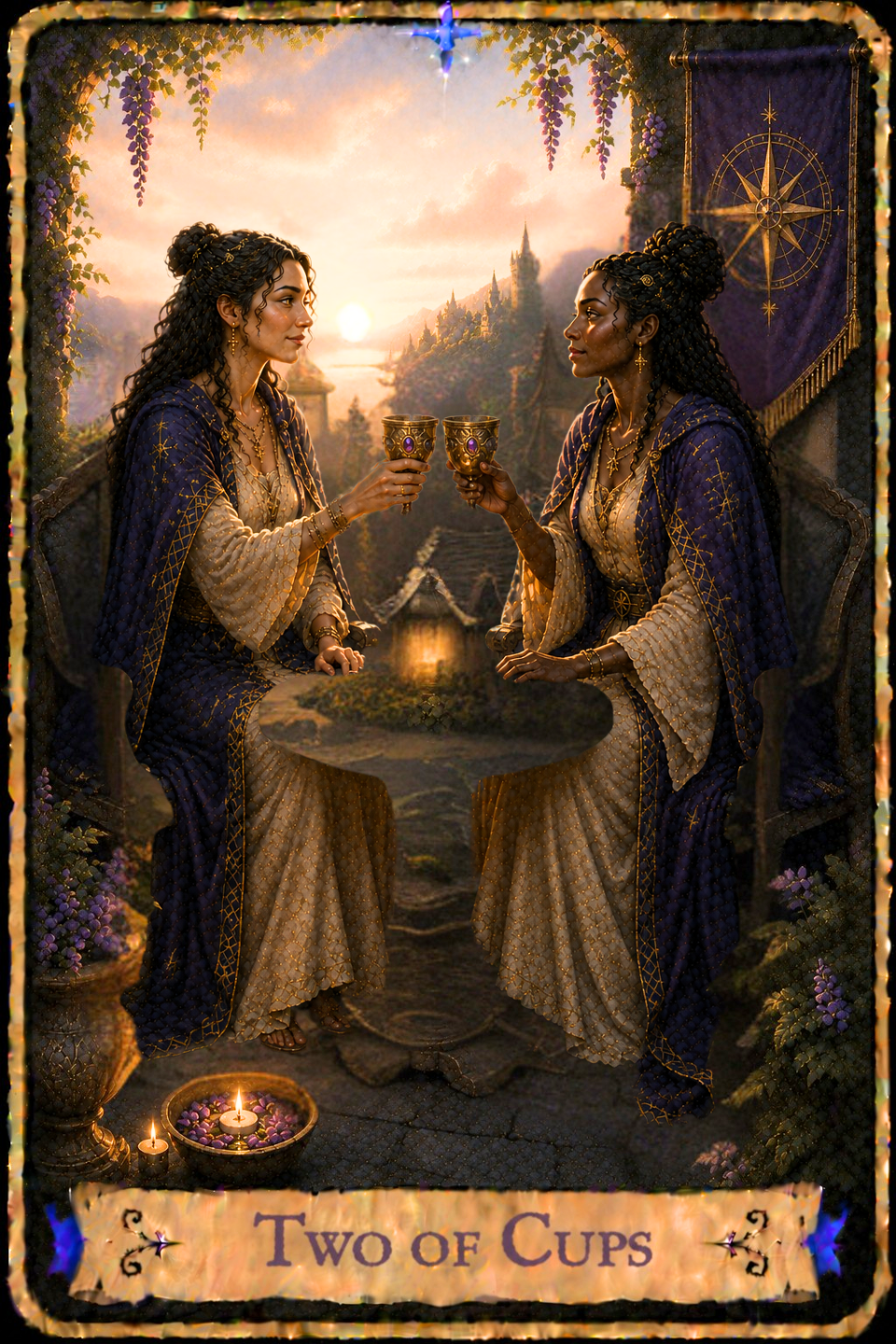 Two of Cups Tarot Card featuring the card from the Unconquered Heart Tarot. Follow this link for the full card description and meaning.