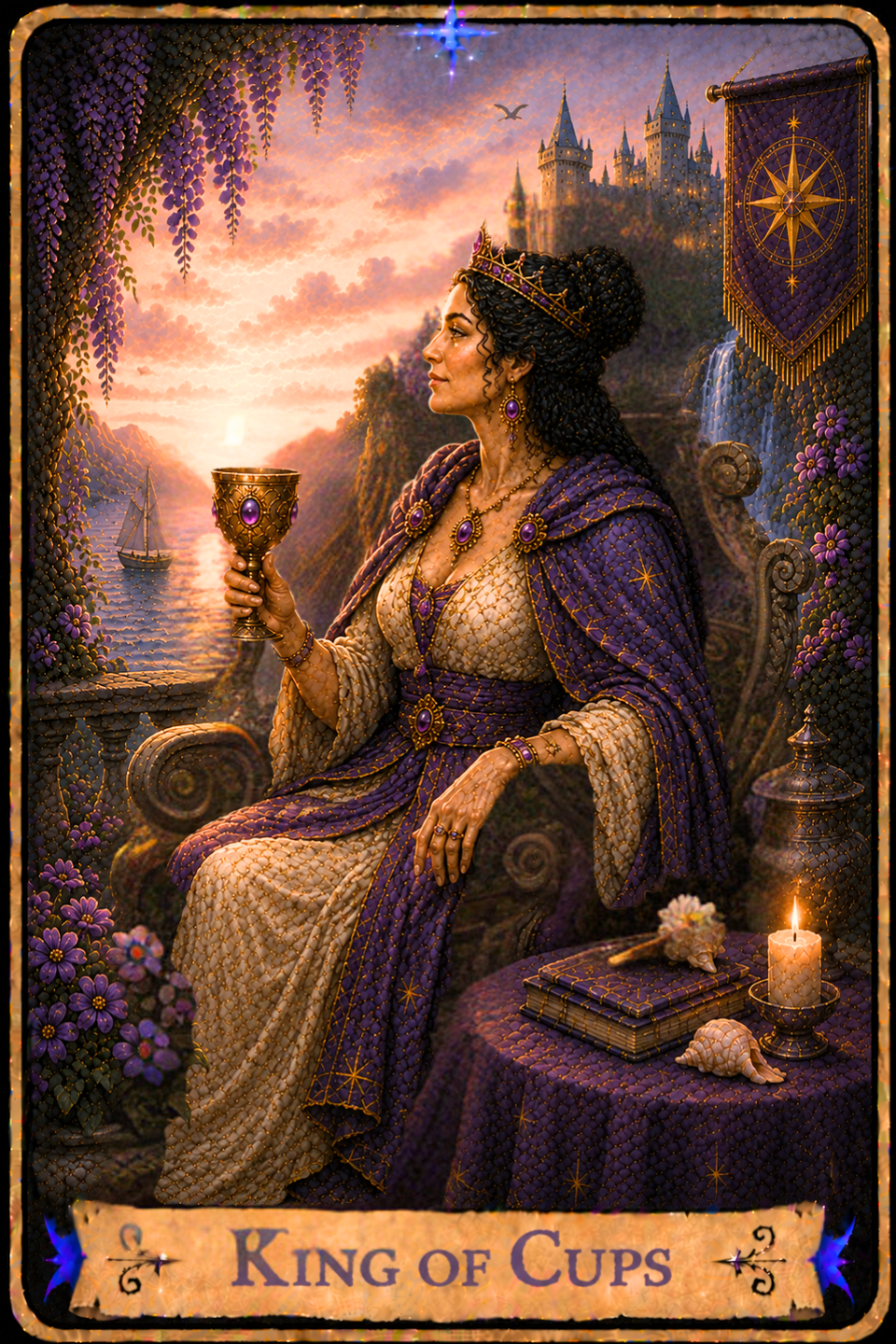 King of Cups Tarot Card featuring the card from the Unconquered Heart Tarot. Follow this link for the full card description and meaning.