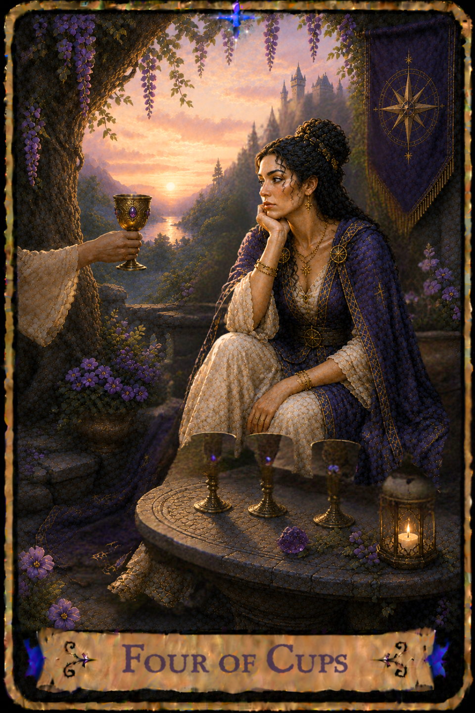 Four of Cups Tarot Card featuring the card from the Unconquered Heart Tarot. Follow this link for the full card description and meaning.