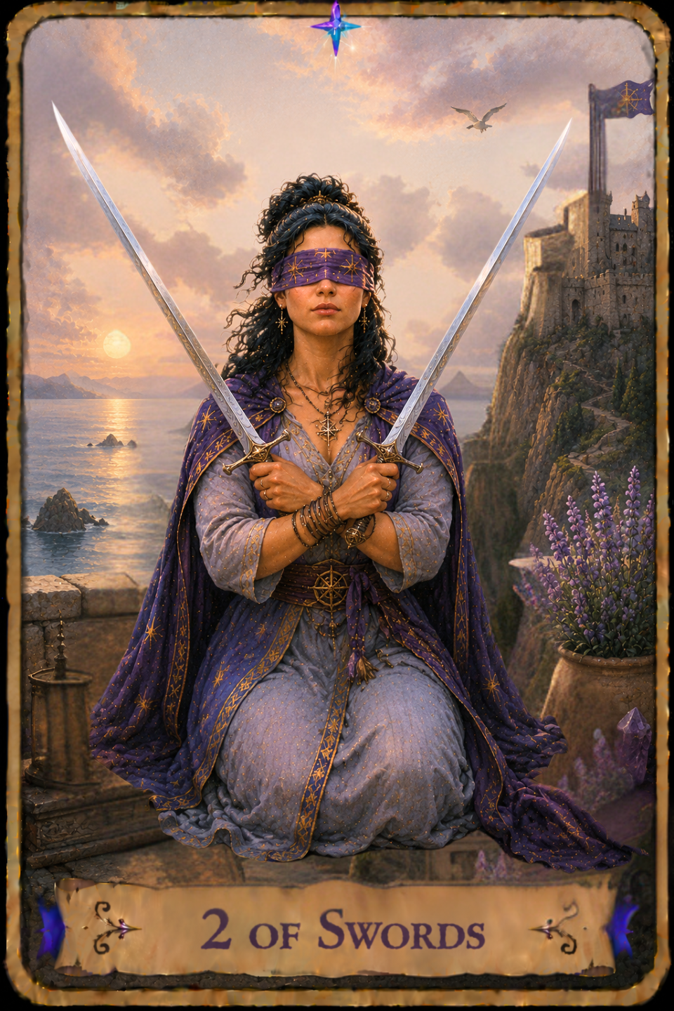 Two of Swords Tarot card showing a woman with long curly dark hair wearing a gray dress and a flowing purple cloak as she kneels on a patterned rug overlooking the sea. A purple blindfold covers her eyes while she holds two silver swords crossed in front of her chest, with each hand gripping a sword hilt. A lantern with a glowing candle rests on a stone ledge beside her, while purple and clear crystal points stand on the opposite side. Behind her, the sun hangs low over the water as waves wash around rocky outcroppings, and a castle rises from the cliffs overlooking the shoreline. A bird flies overhead near a flag bearing an eight-pointed compass symbol, while lavender flowers bloom beside the stone wall beneath a sky filled with soft clouds.