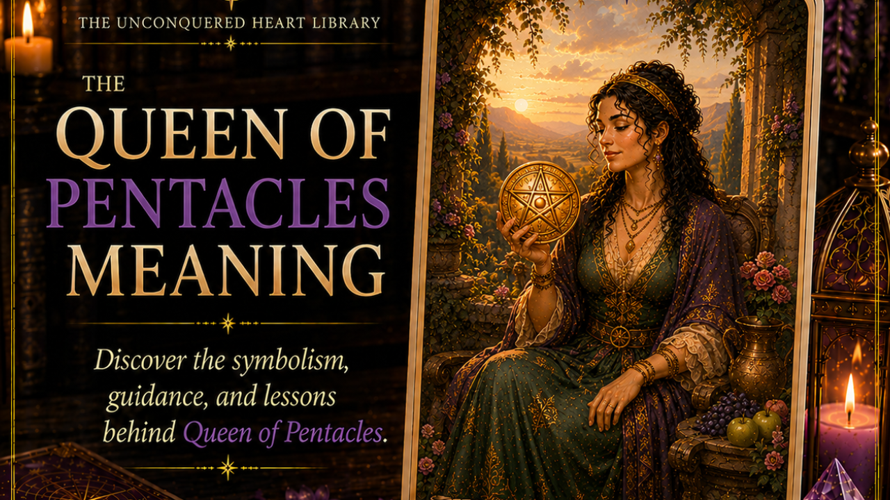 Queen of Pentacles Tarot Card Meaning featuring the card from the Unconquered Heart Tarot. Card is fully described in the article.
