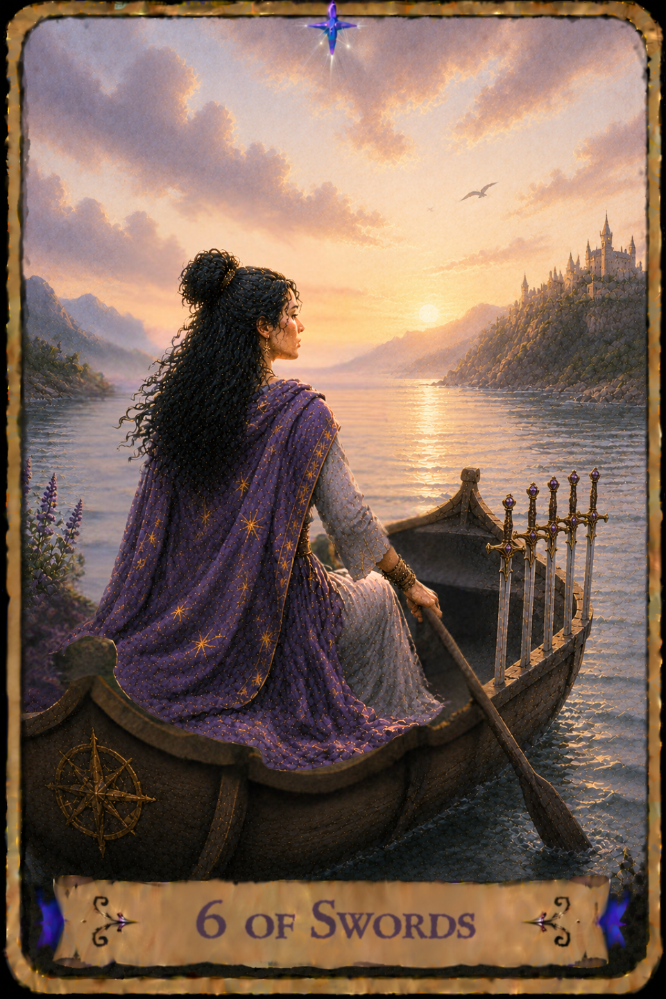 Six of Swords Tarot card showing a woman with long curly dark hair wearing a gray dress and a flowing purple cloak as she rows a wooden boat across calm water. She looks toward the distant shoreline while pulling an oar through the water beside the boat. Six swords stand upright near the bow of the boat, while a golden compass is carved into the side of the stern. Purple wildflowers bloom along the rocky shoreline behind her. Across the water, a castle stands on a hillside overlooking the bay, with the sun shining low above the mountains and its reflection stretching across the water. Two birds glide through a sky filled with soft clouds as the shoreline curves into the distance.