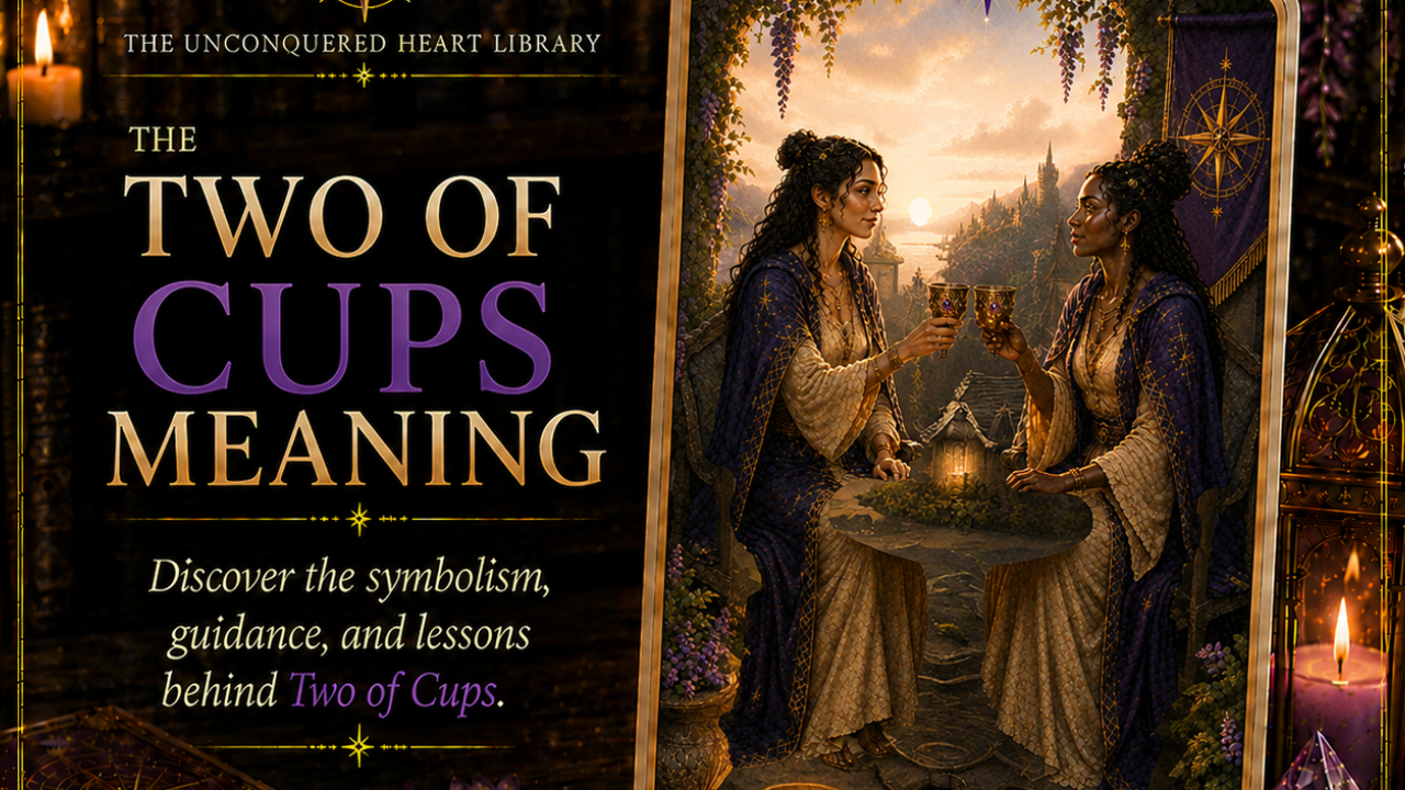 Two of Cups Tarot Card Meaning featuring the card from the Unconquered Heart Tarot. Card is fully described in the article.
