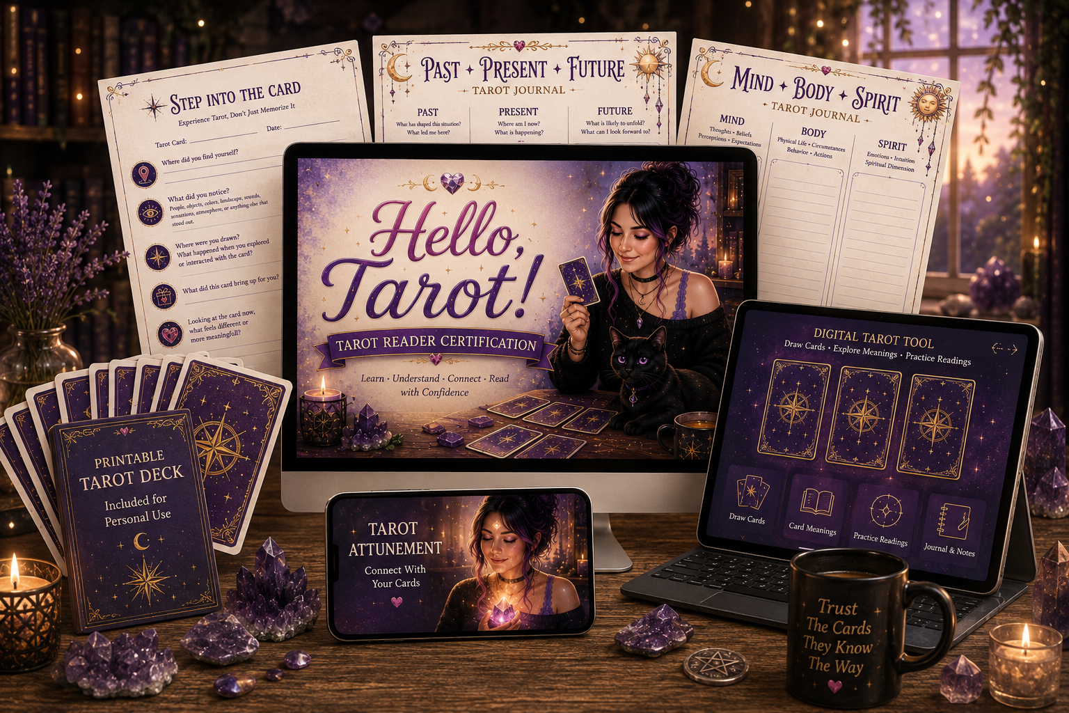 Hello, Tarot! course materials including guided worksheets, printable Tarot cards, Tarot Attunement, and Digital Tarot Tool.