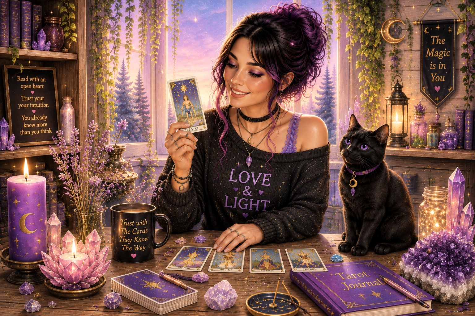 Tarot reader exploring a card at her altar with a black cat, candles, crystals, and a Tarot journal.