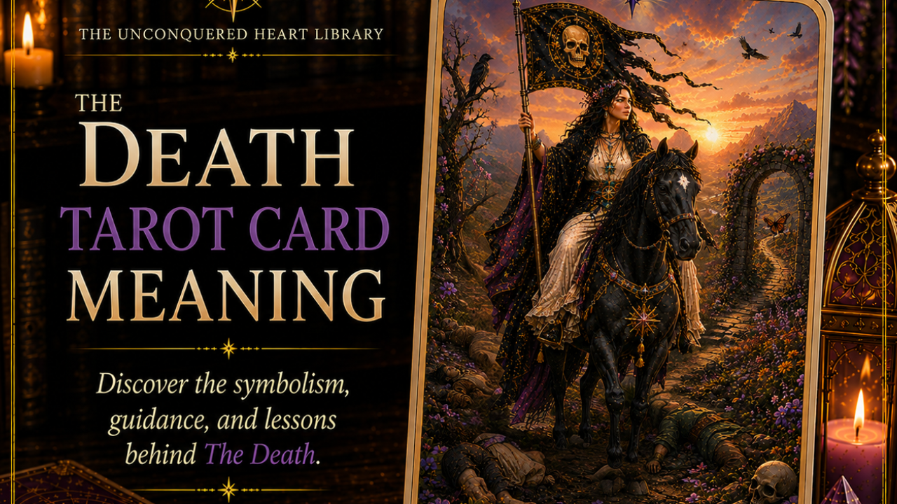 Death Tarot Card Meaning featuring the card from the Unconquered Heart Tarot. Card is fully described in the article.