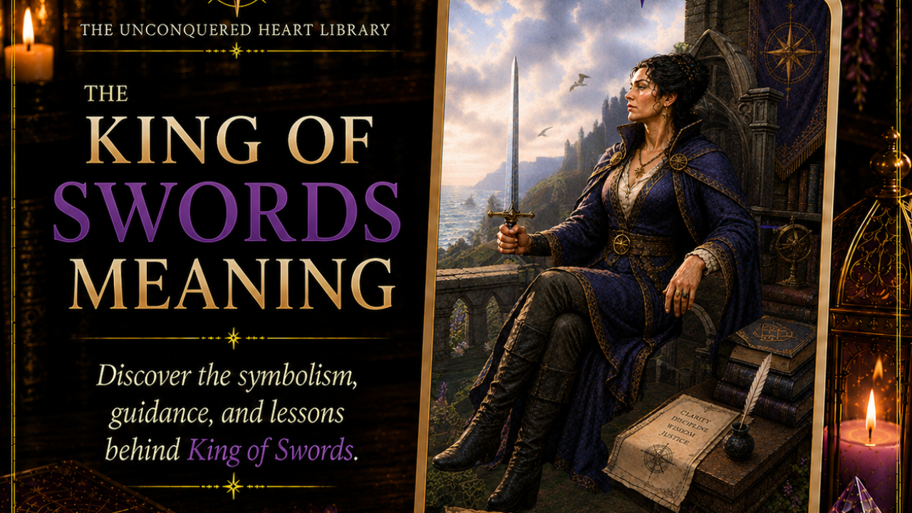 King of Swords Tarot Card Meaning featuring the card from the Unconquered Heart Tarot. Card is fully described in the article.