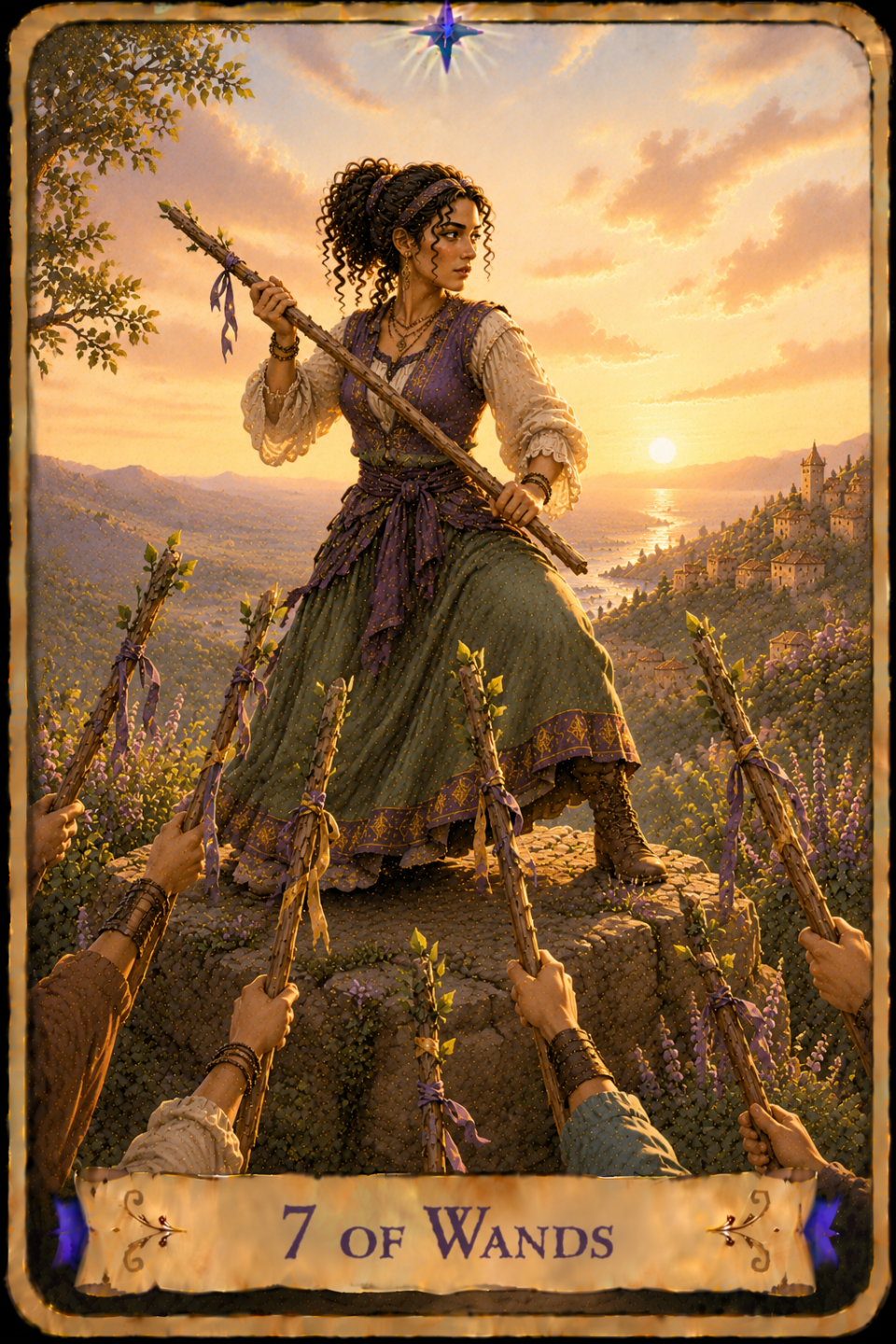 7 of Wands Tarot card showing a woman with long curly dark hair standing confidently atop a rocky outcrop beneath a warm golden afternoon sky. She wears a green gown with flowing cream-colored sleeves beneath a purple embroidered vest and sash, holding a tall wooden wand across her body while looking down toward the surrounding crowd. Seven decorated wooden wands wrapped with purple and gold ribbons are raised toward her from below by unseen people whose hands and arms extend into the scene. Flowering plants surround the rocky hillside, while a coastal village, rolling hills, and the sea stretch into the distance beneath the glowing sky. The woman stands in a strong, defensive stance as she faces the wands raised up at her.