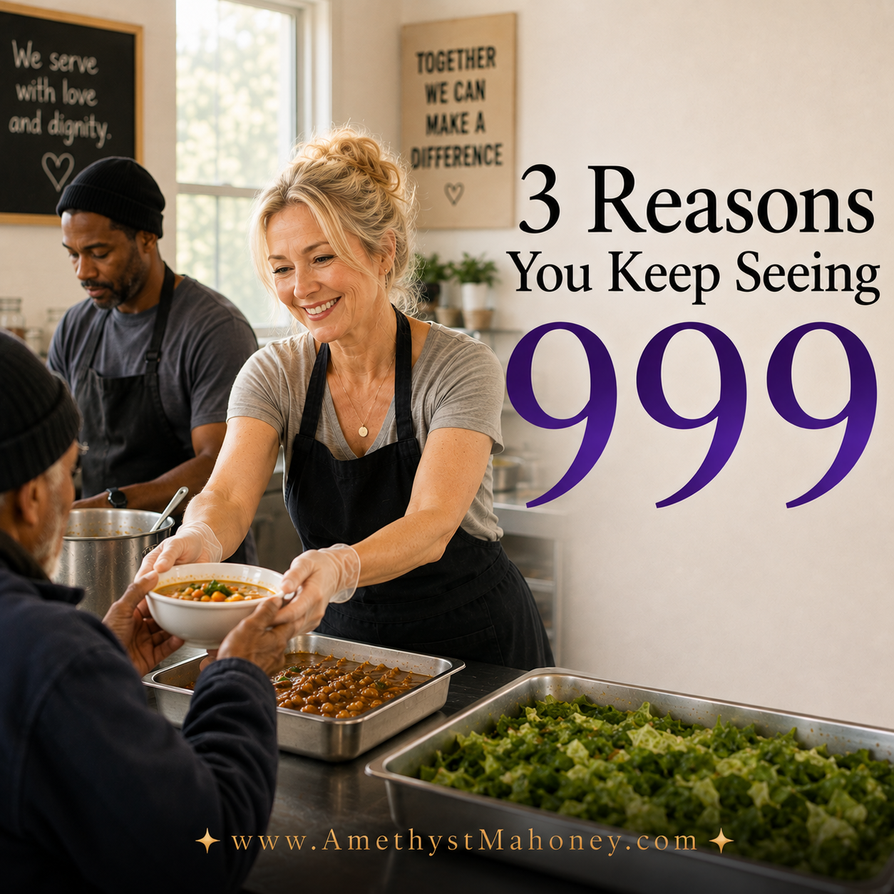 3 Reasons you keep seeing 999. A woman hands a bowl of warm soup to a man at a soup kitchen. A steaming tray of broccoli sits nearby, and another man serves bread. 