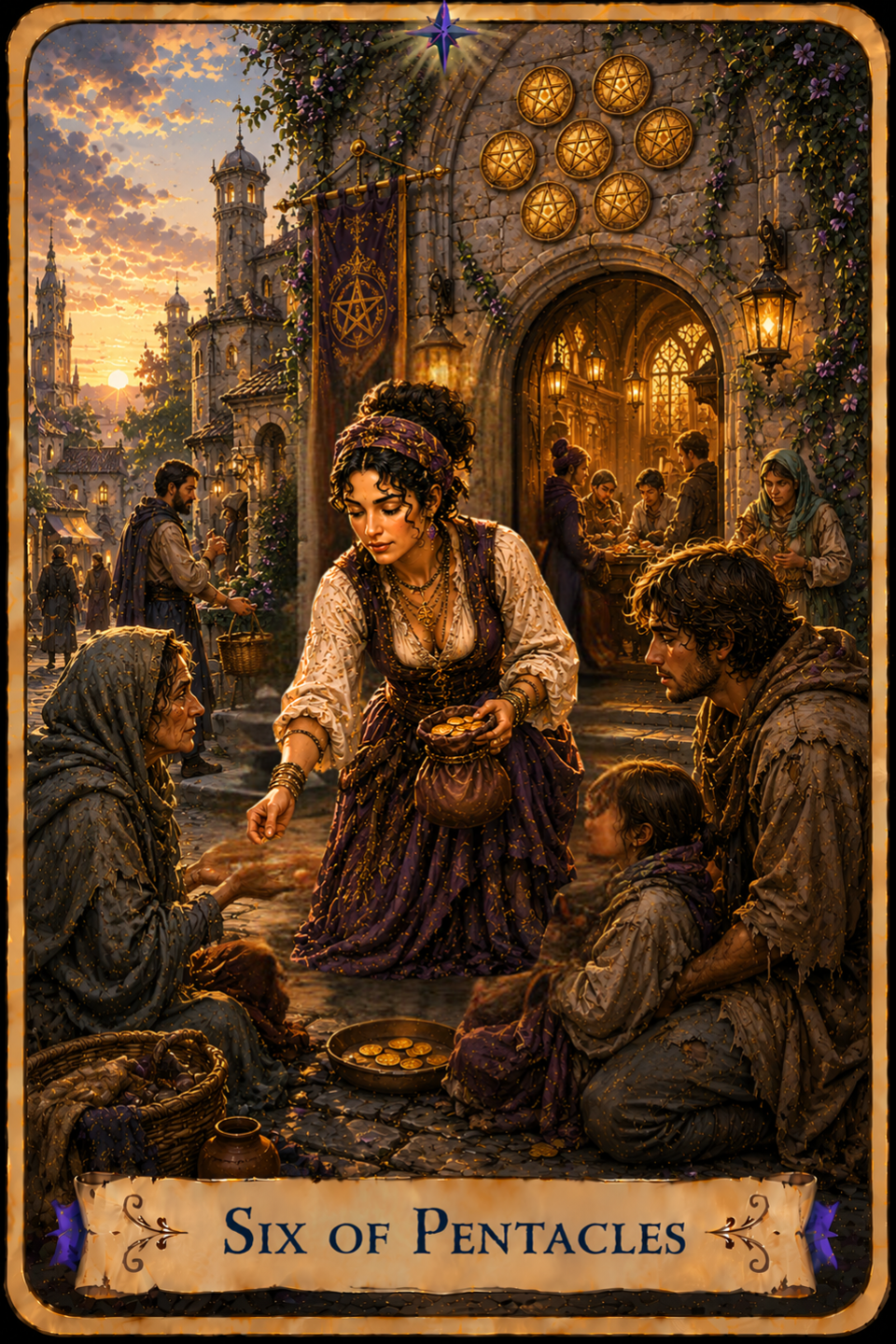 Ace of Pentacles Tarot card from the Unconquered Heart Tarot showing a hand holding a golden pentacle above a flower-filled garden. An open garden gate leads along a stone path toward a sunlit valley and distant mountains.