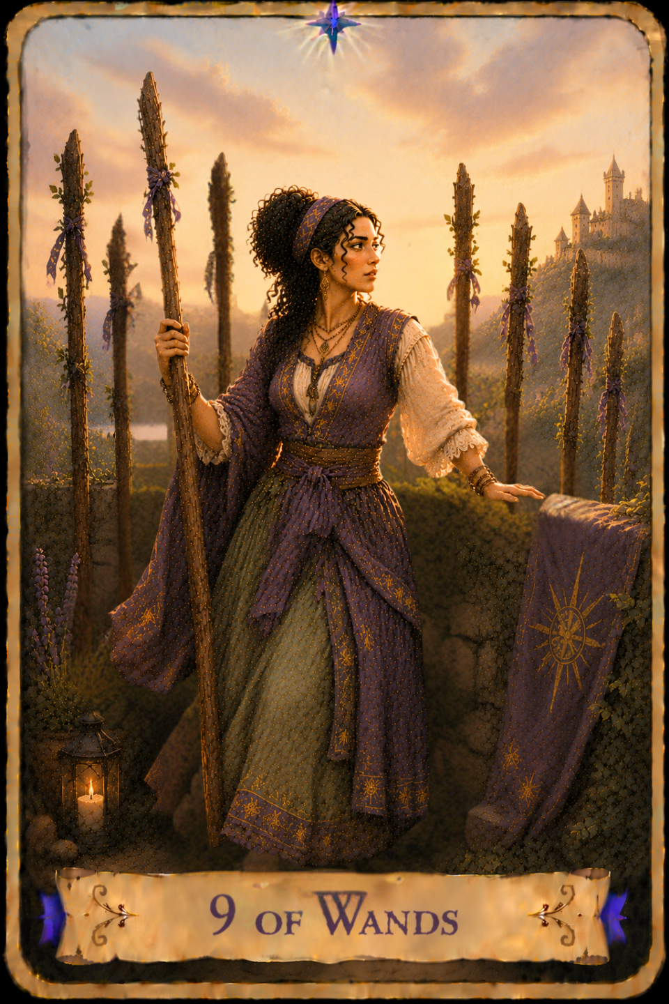 9 of Wands Tarot card showing a woman with long curly dark hair standing within a stone courtyard beneath a warm golden afternoon sky, surrounded by nine tall wooden wands planted upright in the ground. She wears a cream-colored gown with flowing sleeves beneath a purple embroidered cloak and rests one hand on a stone wall while gripping one of the wands with the other. She stands alert, looking over her right shoulder toward the distant hillside. Several of the wands are decorated with purple ribbons and fresh green leaves, while a lantern glows beside flowering plants near the foreground. A purple banner embroidered with an eight-pointed compass hangs over the stone wall, and a castle rises on the rocky hillside beyond the courtyard.