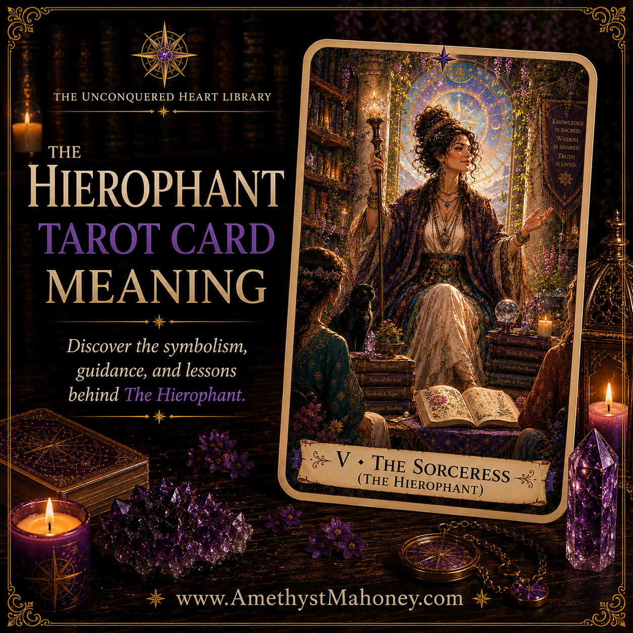 The Hierophant Tarot Card Meaning, featuring The Hierophant from The Unconquered Heart Tarot. Follow this image to read the article, including a full description of the card.