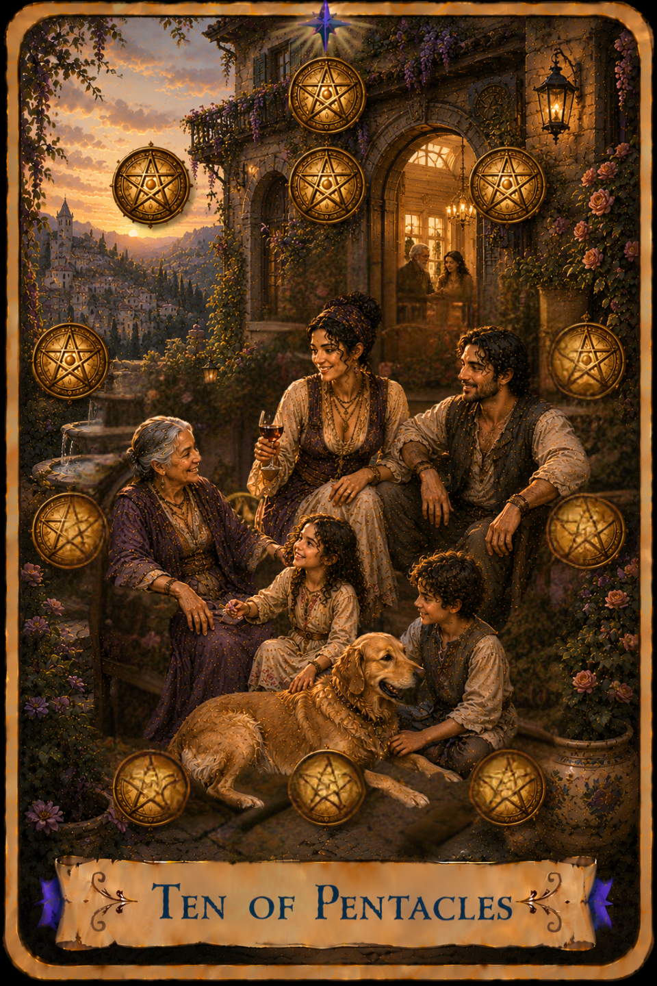 Seven of Pentacles Tarot card from the Unconquered Heart Tarot showing a hand holding a golden pentacle above a flower-filled garden. An open garden gate leads along a stone path toward a sunlit valley and distant mountains.