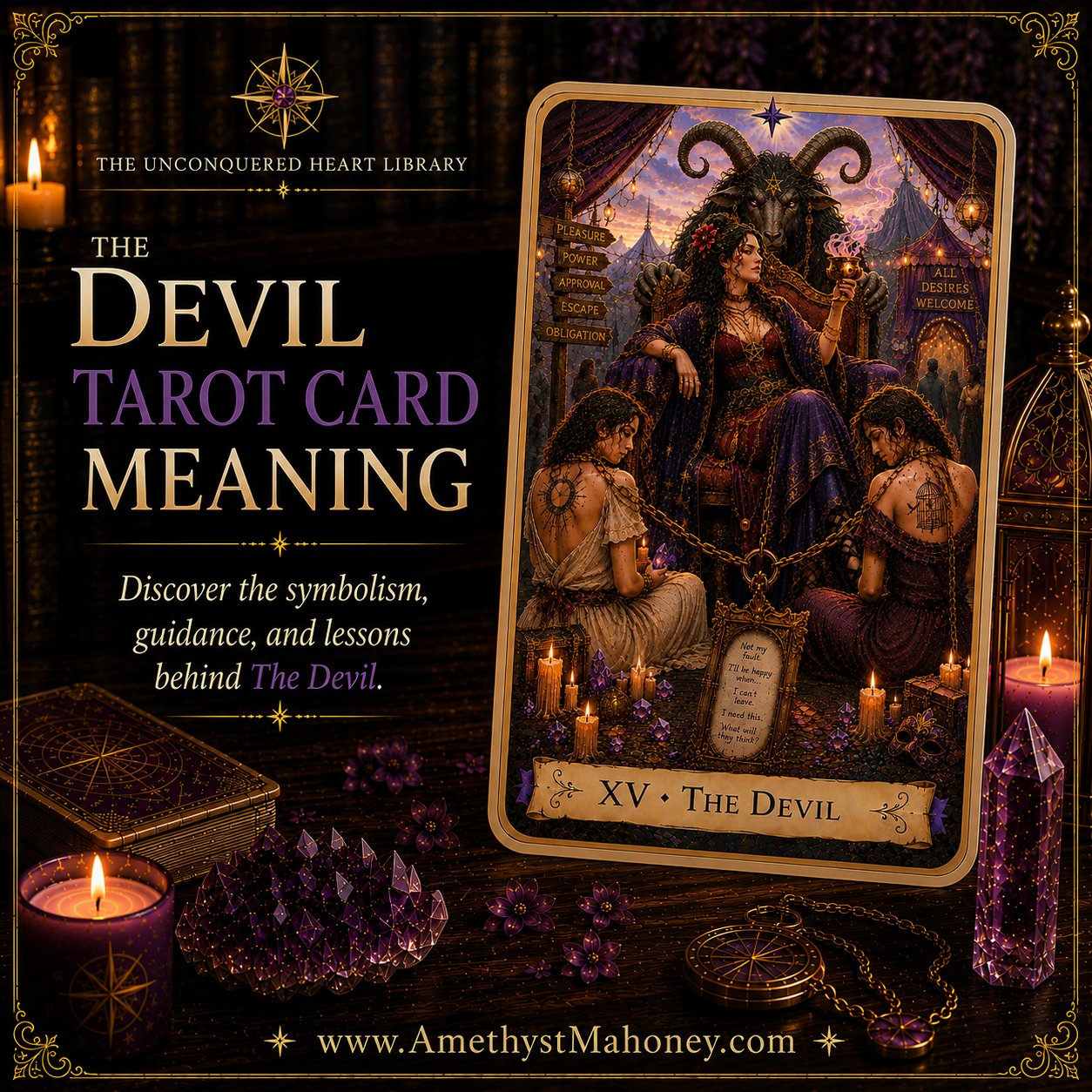 The Devil Tarot Card Meaning, featuring The Devil from The Unconquered Heart Tarot. Follow this image to read the article, including a full description of the card.