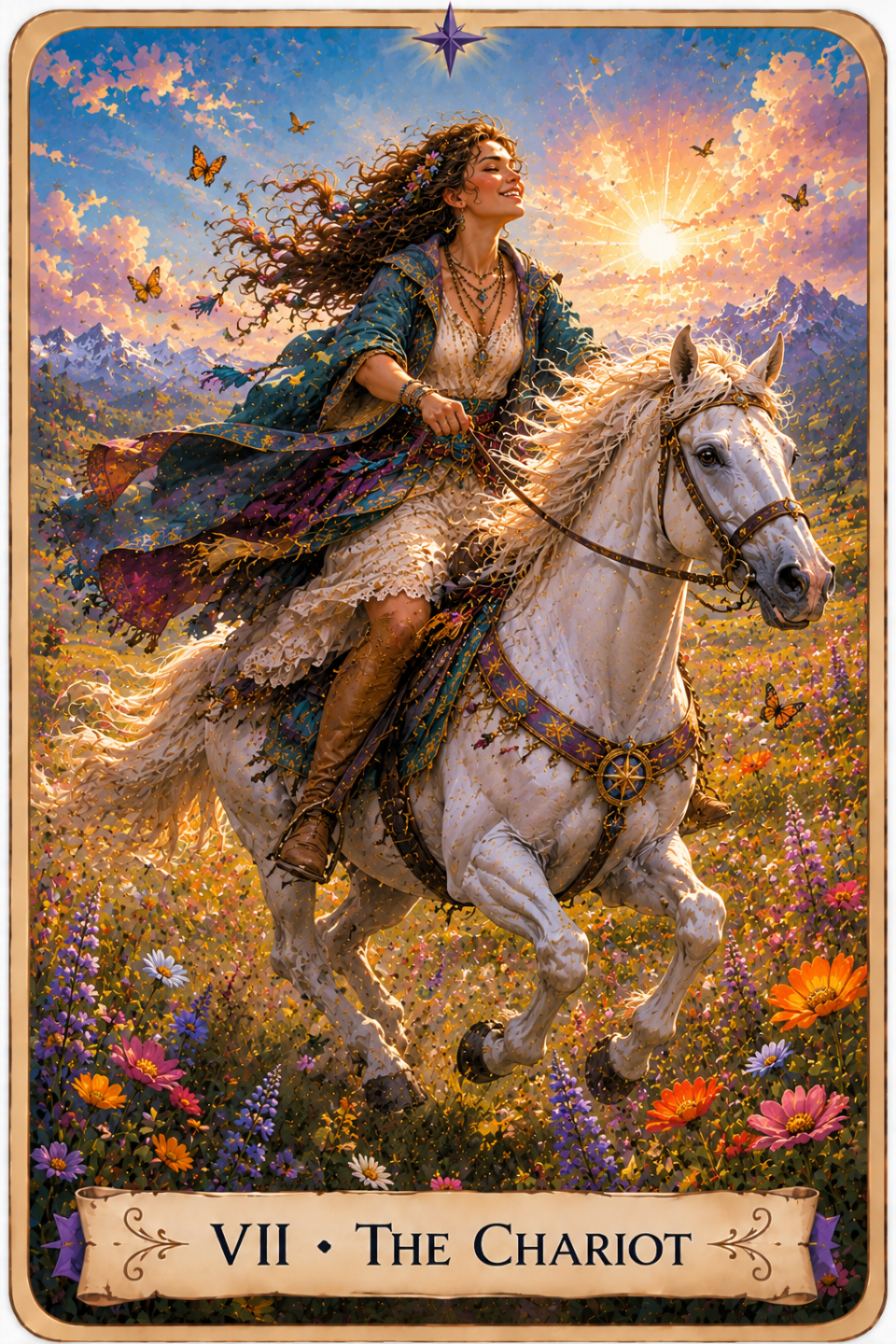 The Chariot from The Unconquered Heart Tarot. A smiling woman with long curly hair rides a white horse through a field of colorful wildflowers. She wears flowing white, blue, and purple clothing as her hair and cloak stream behind her. Butterflies and birds fly around her, with mountains in the distance and the sun shining through the clouds behind her. 