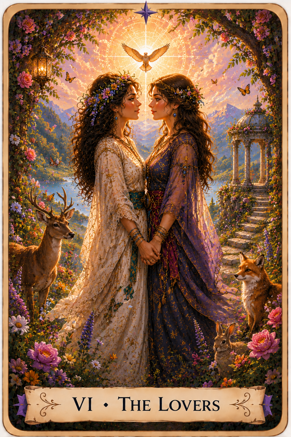 The Lovers from The Unconquered Heart Tarot. Two women in flowing white and purple dresses stand facing one another and holding hands in a flower-filled garden. A deer, fox, and rabbit surround them, with butterflies flying nearby. Behind them are a lake, mountains, and a flower-covered stone pavilion. A bird with outstretched wings flies above the women against a bright golden sky.