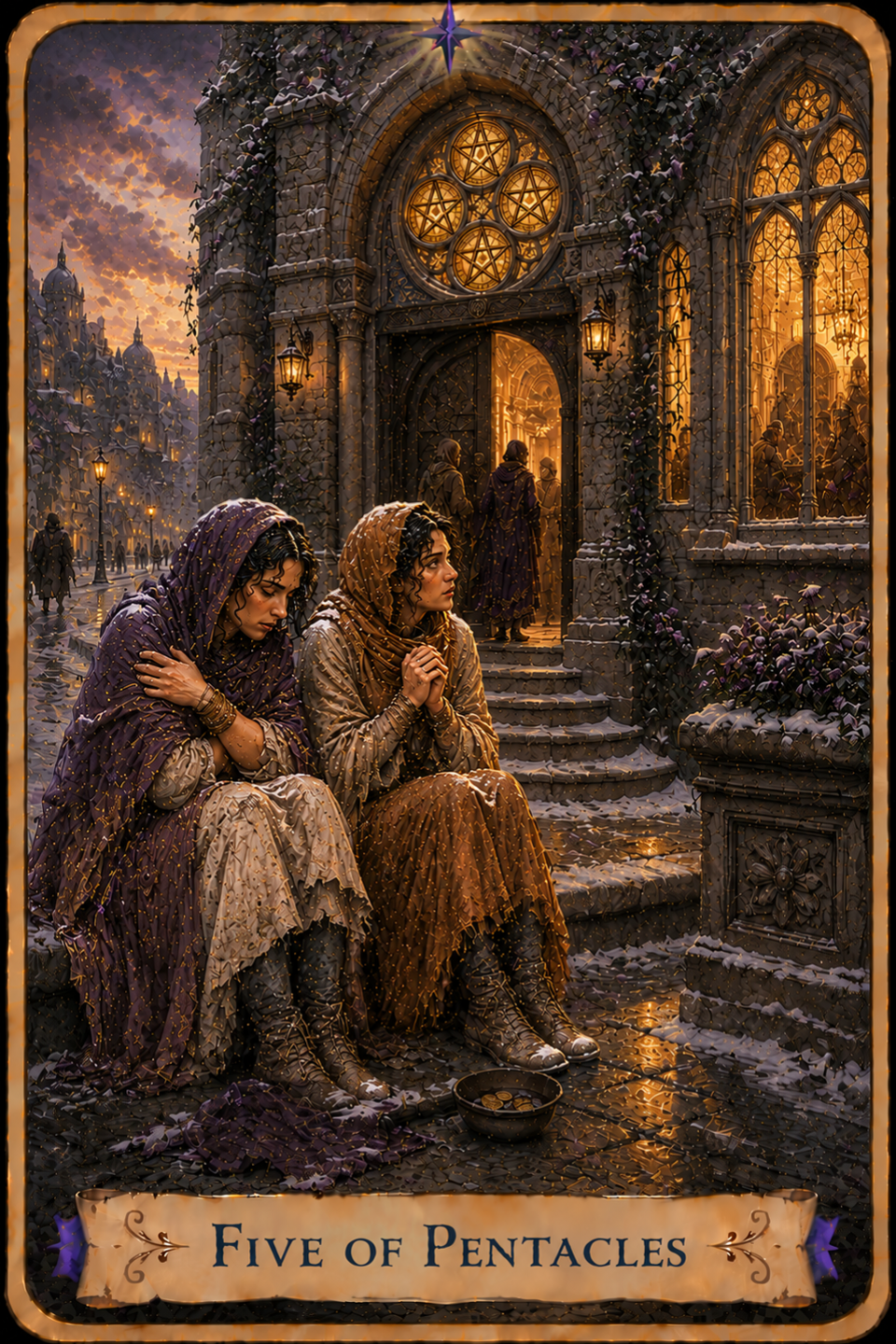 Ace of Pentacles Tarot card from the Unconquered Heart Tarot showing a hand holding a golden pentacle above a flower-filled garden. An open garden gate leads along a stone path toward a sunlit valley and distant mountains.
