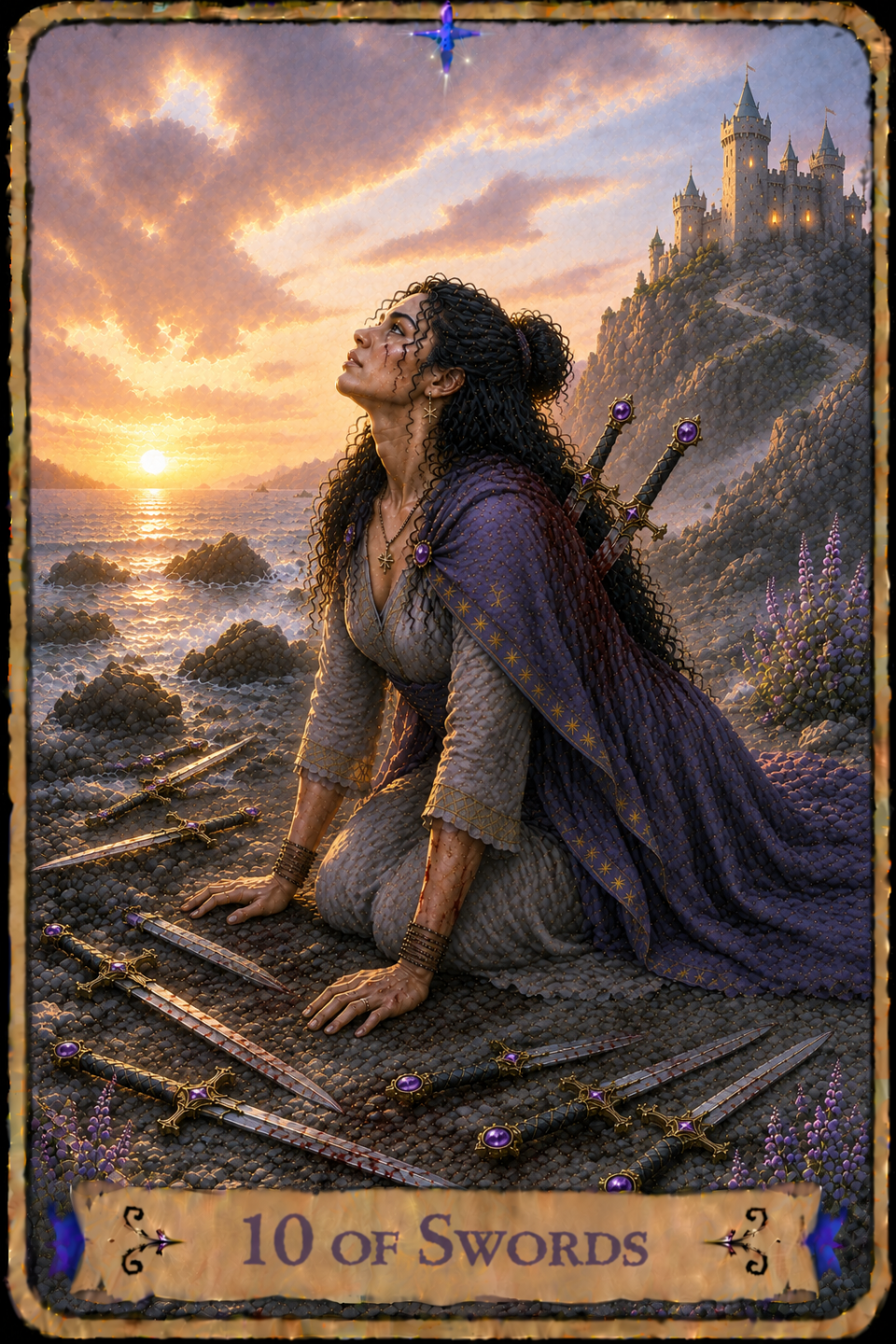 Ten of Swords Tarot card showing a woman with long curly dark hair wearing a gray dress and a flowing purple cloak as she kneels on a rocky shoreline, supporting herself with both hands as she lifts her face toward the sunrise sky. Eight swords lie scattered across the ground around her, with two more still sheathed in her back. Fresh cuts and blood are visible on several of the swords, while scratches and blood mark her hands and forearms. Waves break against dark rocks along the shoreline, and purple wildflowers bloom among the stones. A castle rises atop the cliffs in the distance, overlooking the sea beneath a glowing sunrise sky filled with dramatic clouds.