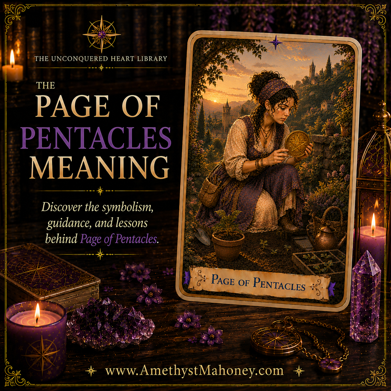 The Page of Pentacles Tarot Card Meaning featuring The Page of Pentacles from The Unconquered Heart Tarot. Follow this image to read the article, including a full description of the card.