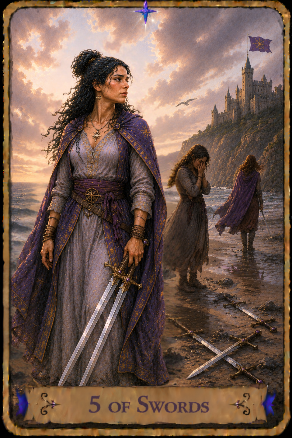 Five of Swords Tarot card showing a woman with long curly dark hair wearing a gray dress and a flowing purple cloak as she stands on a rocky shoreline holding two swords in one hand. She looks off into the distance while her cloak drapes around her and the waves roll onto the beach beside her. Behind her, another woman stands with her face buried in her hands, while a third woman walks away along the shoreline with a purple cloak flowing behind her and a sword hanging at her side. Three swords lie crossed on the sand near their feet. A castle rises on the cliffs overlooking the sea, with a flag bearing an eight-pointed compass flying from one of its towers. A bird glides through the sky beneath layered clouds as sunlight breaks through clouds above the coastline.