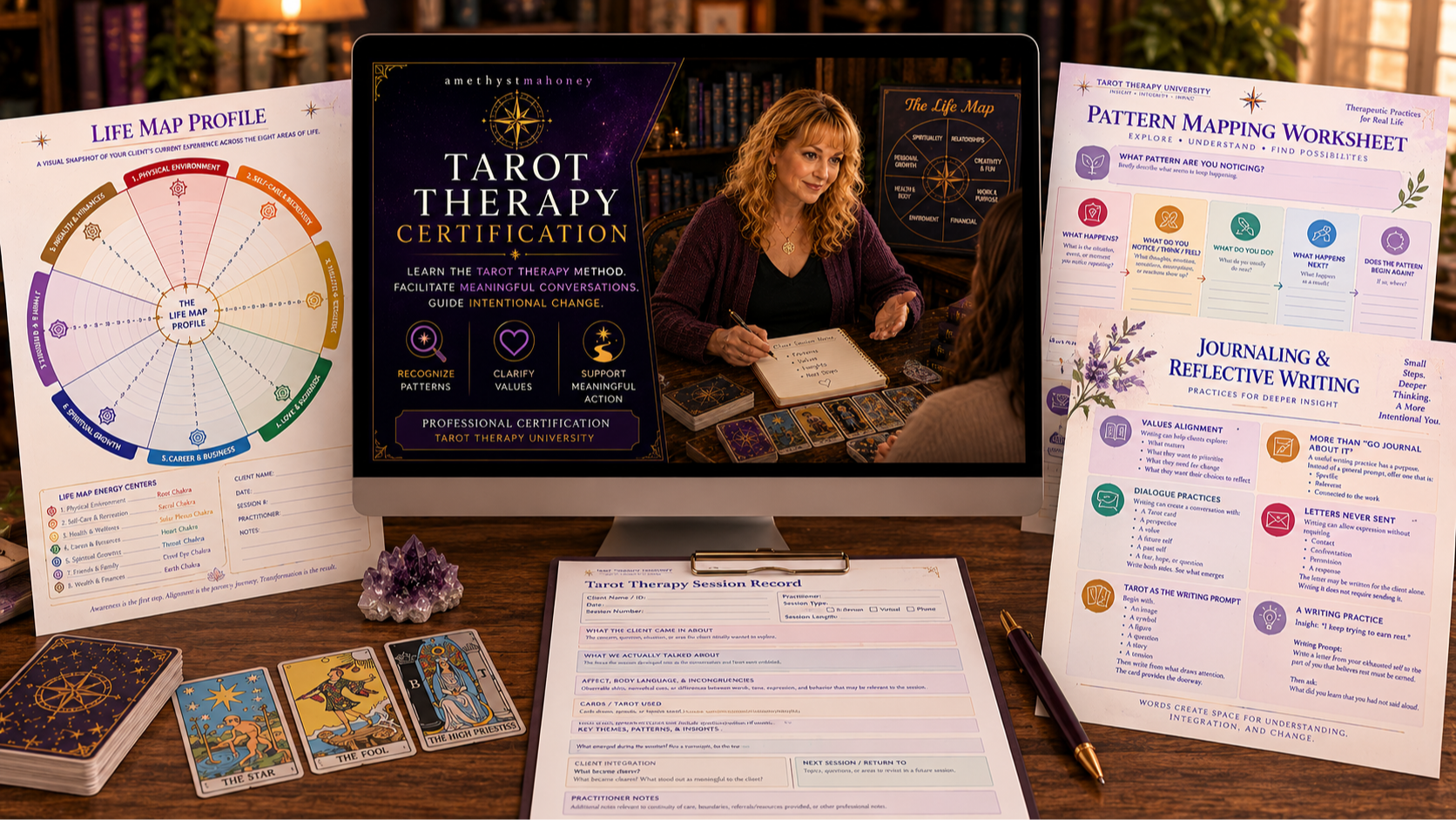 Tarot Therapy Certification course materials including guided worksheets, Life Map profile, and session record.