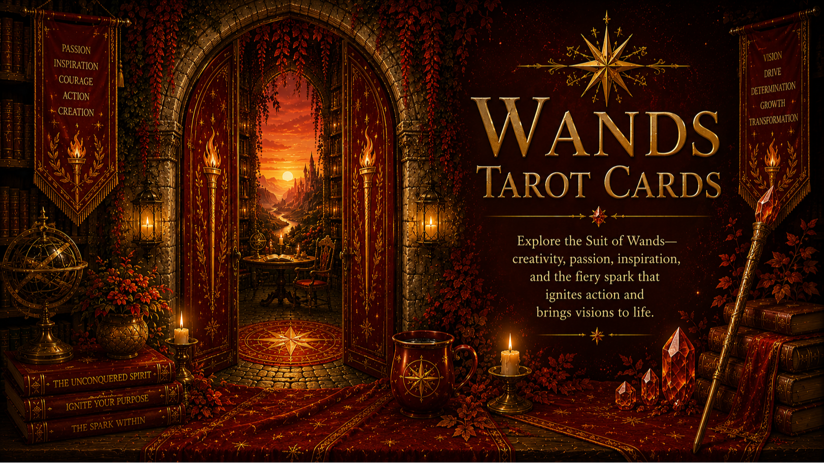 An ivy-covered stone doorway opens into a warm, red-and-gold library filled with books, lanterns, wands, Tarot cards, and a sunlit view beyond. Text reads Pentacles Tarot Cards. Explore the Suit of Wands - creativity, passion, inspiration, and the fiery spark that ignites action and brings visions to life.