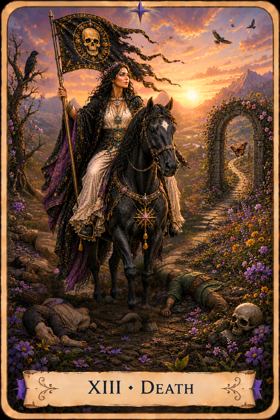 Banner for 78 Traditional Tarot Card Meanings showing a grand fantasy library with vaulted ceilings, bookshelves, glowing stained-glass windows, and a compass mosaic floor inviting visitors to explore the Tarot.
