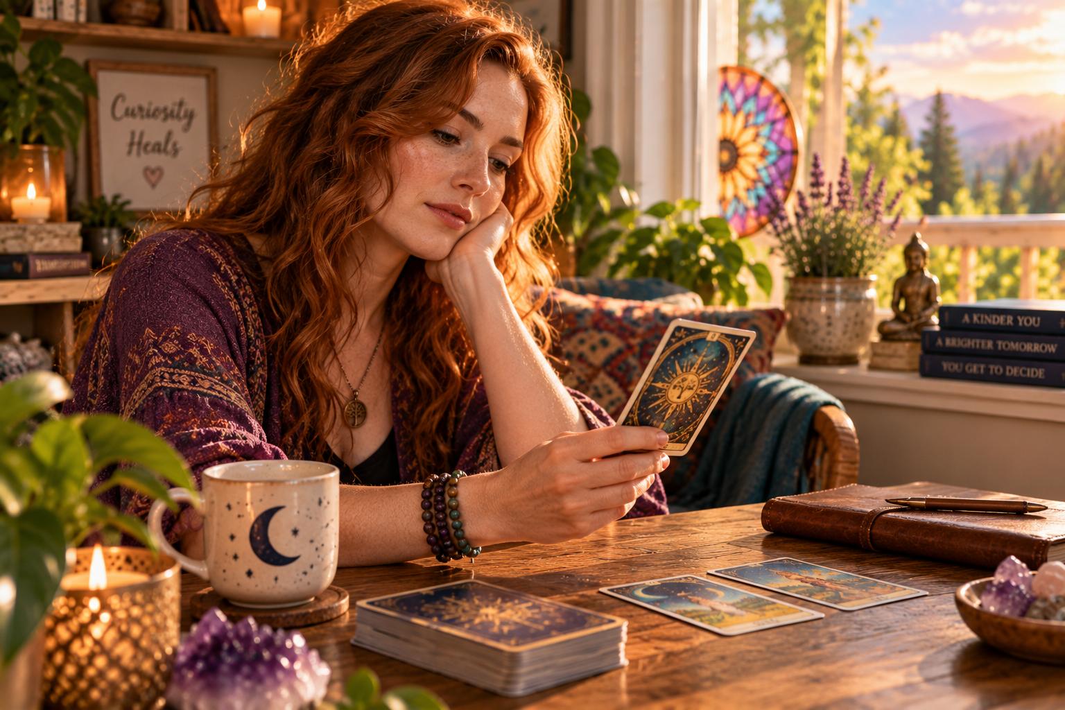 Woman reflecting on a Tarot card with a journal and coffee cup beside her.