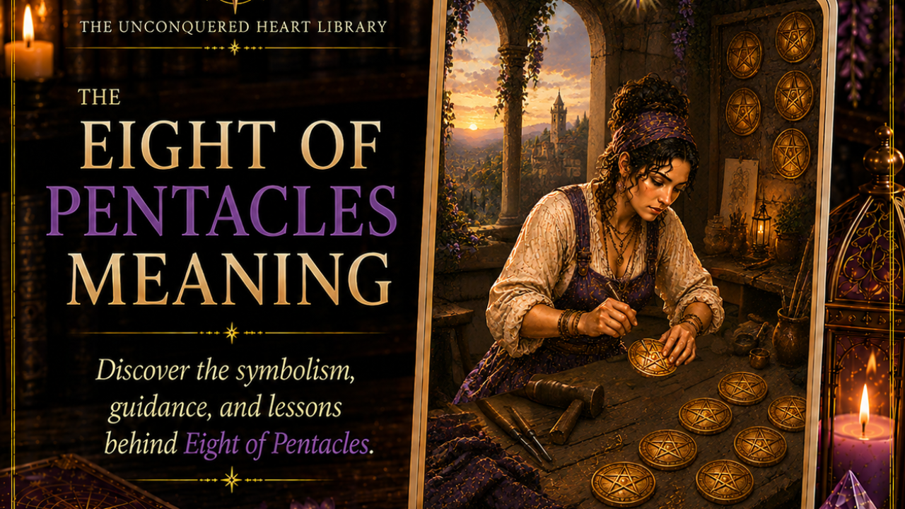Eight of Pentacles Tarot Card Meaning featuring the card from the Unconquered Heart Tarot. Card is fully described in the article.