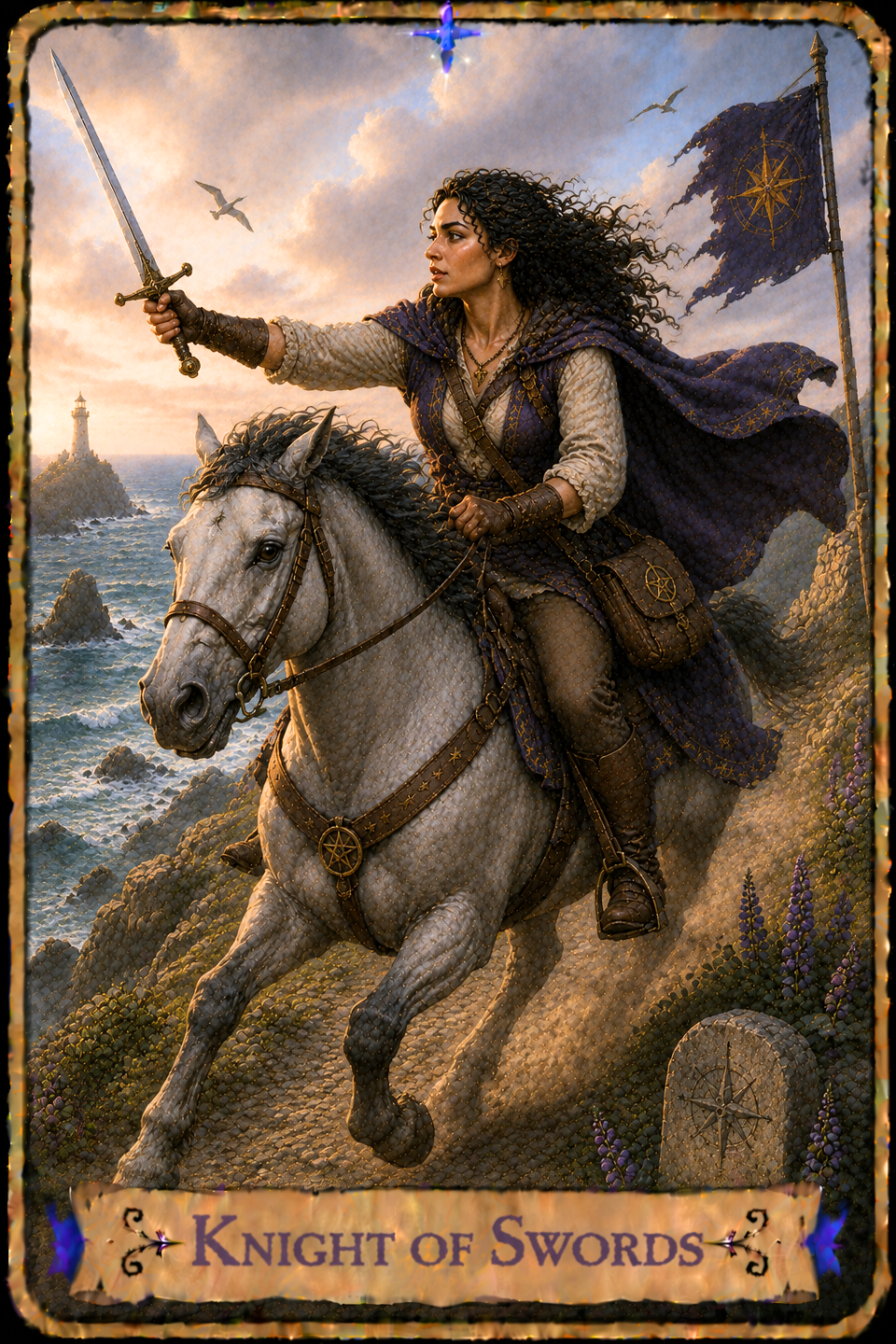 Knight of Swords Tarot card showing a woman with long curly dark hair wearing a cream-colored tunic, brown trousers, leather bracers, tall lace-up boots, and a flowing purple cloak as she rides a galloping white horse along a rocky coastal path. She raises a sword high in one hand while gripping the reins with the other, her cloak and hair streaming behind her in the wind as she looks determinedly toward the horizon. A leather satchel decorated with an eight-pointed compass hangs at her side. A weathered stone flagpole flies a tattered purple banner above the cliffs, while a lighthouse stands on a rocky point overlooking the sea in the distance. Waves crash against the rugged shoreline below as seabirds soar overhead, and clusters of purple wildflowers bloom beside the path beneath a bright sky filled with dramatic clouds.