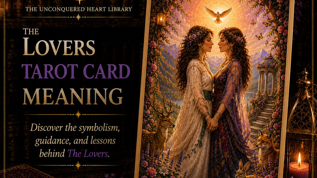 The Lovers Tarot Card Meaning featuring the card from the Unconquered Heart Tarot. Card is fully described in the article.