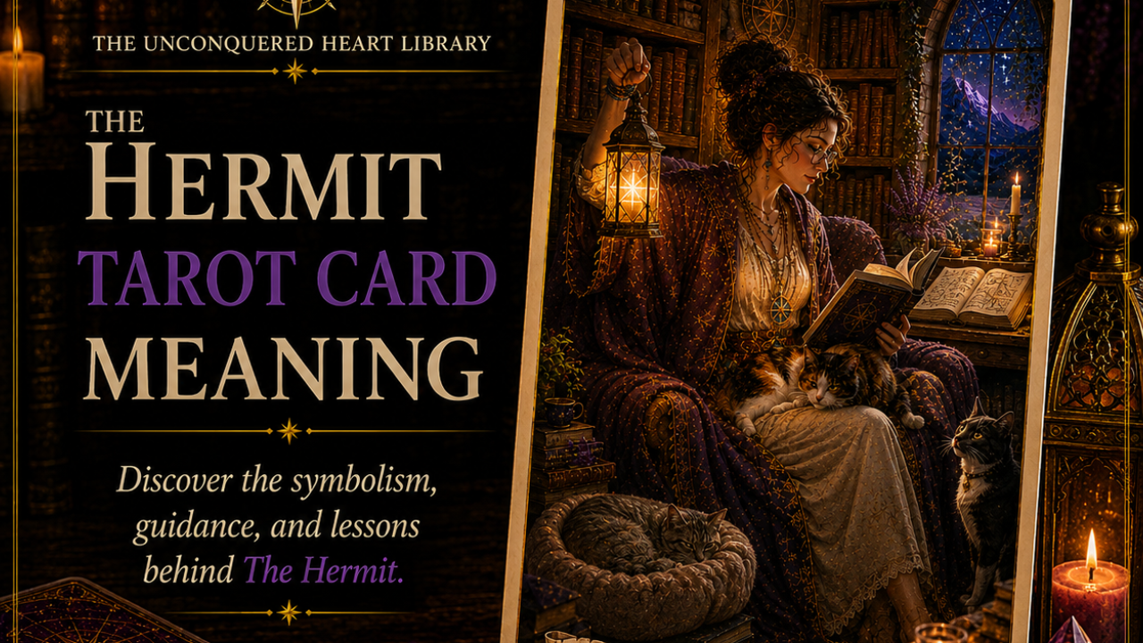 The Hermit Tarot Card Meaning featuring the card from the Unconquered Heart Tarot. Card is fully described in the article.