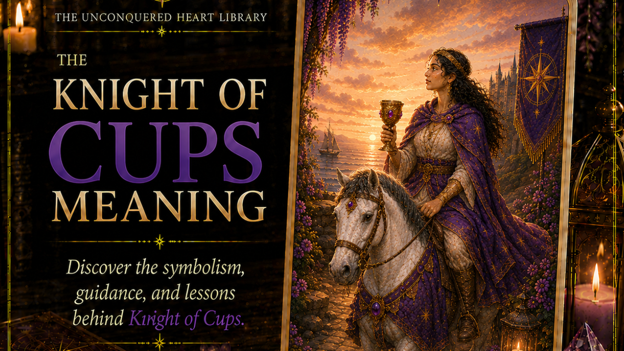 Knight of Cups Tarot Card Meaning featuring the card from the Unconquered Heart Tarot. Card is fully described in the article.