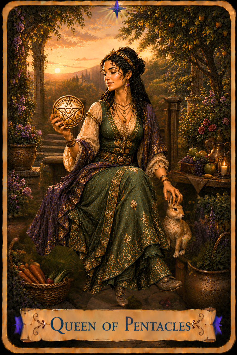 Queen of Pentacles Tarot card showing a woman with long curly dark hair wearing a green embroidered gown with flowing cream-colored sleeves and a purple shawl draped across her lap as she sits in a stone garden. She holds a large golden pentacle in one hand that she is looking at, and gently rests her other hand on the head of a light-colored rabbit sitting on the ground beside her. Flowering vines climb over stone arches and garden walls, while baskets of carrots, apples, grapes, and pears, along with a pitcher, candle, and potted flowers, decorate the garden. Stone steps lead into the distance through trees and blooming plants, with rolling hills, village rooftops, and distant mountains stretching beneath a warm golden sunrise sky.