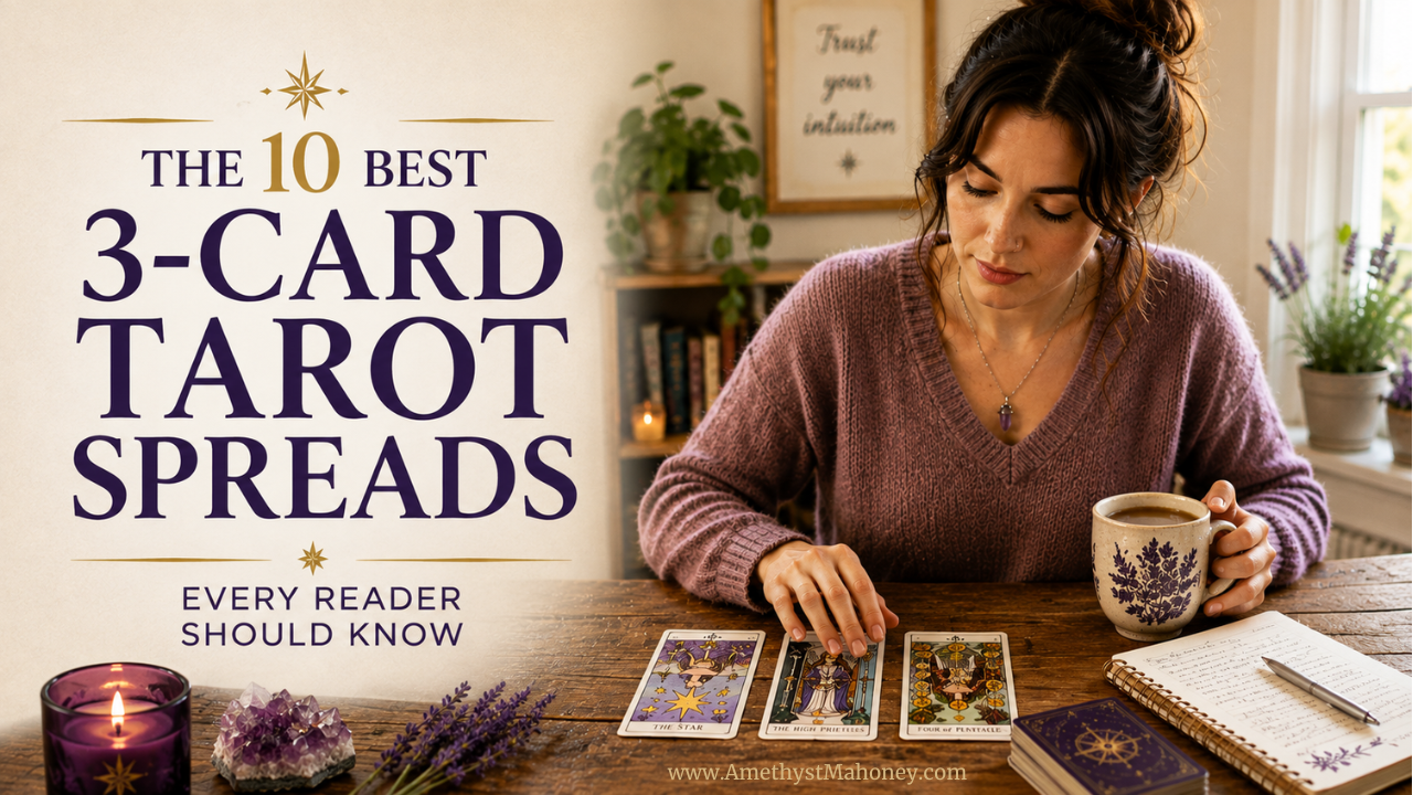The 10 Best 3-Card Tarot Spreads Every Reader Should Know. A woman examines 3 Tarot cards in a spread.