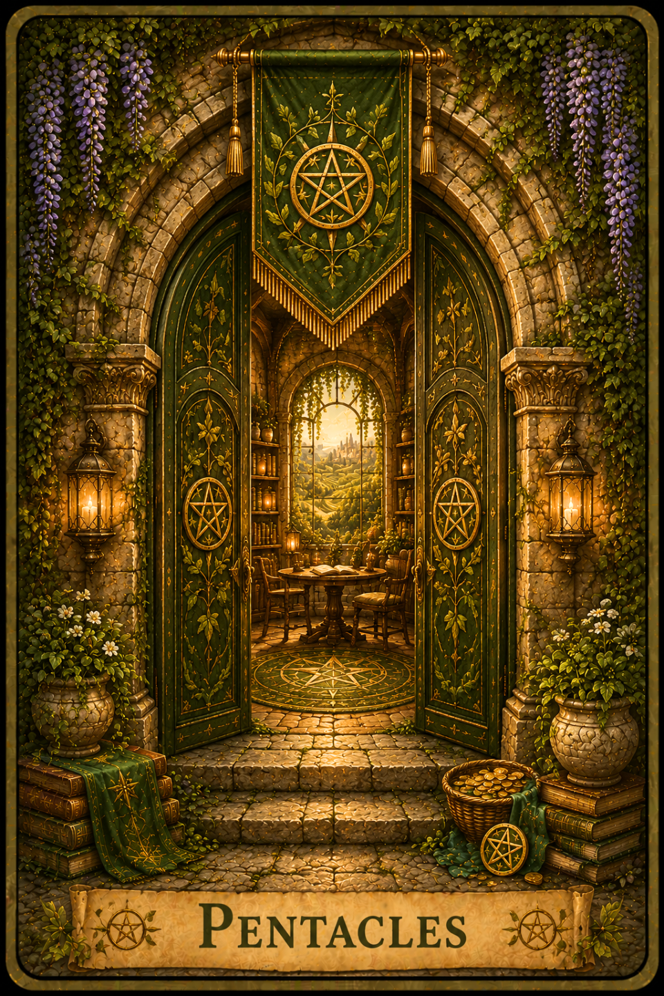Pentacles Tarot cards. A stone arched doorway beneath a Pentacles banner leads into a candlelit library. Follow this image to explore the Pentacles gallery and choose a Pentacles card to read its Tarot card meaning article.