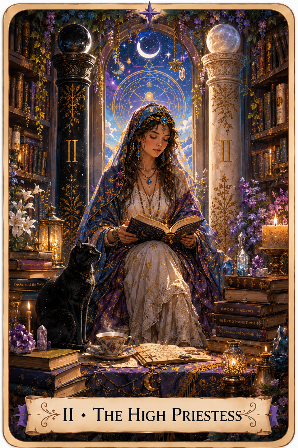 The High Priestess Tarot card showing a young woman with long wavy brown hair sitting between a black pillar and a white pillar inside a grand library. She wears a flowing white gown beneath a blue and purple embroidered hooded cloak while reading an open book resting in her hands. A black cat sits beside her among stacked books, crystals, candles, and a steaming teacup. Behind her, a crescent moon hangs in a star-filled sky framed by flowering vines and a golden celestial design.