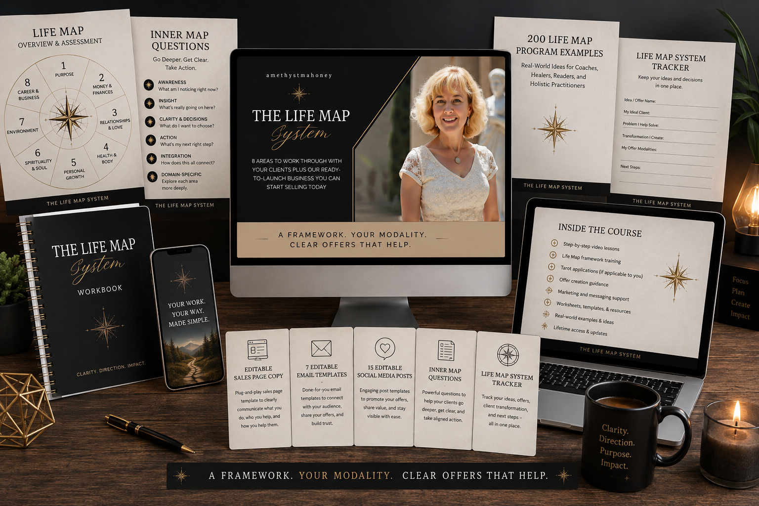 Hello, Tarot! course materials including guided worksheets, printable Tarot cards, Tarot Attunement, and Digital Tarot Tool.