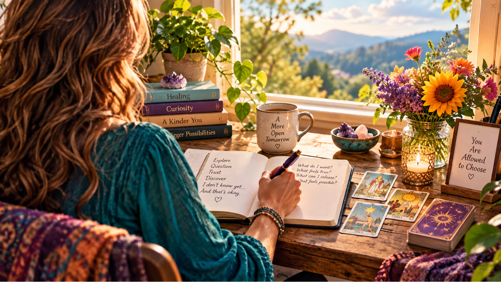 Woman journaling beside Tarot cards at a sunny window overlooking the mountains.