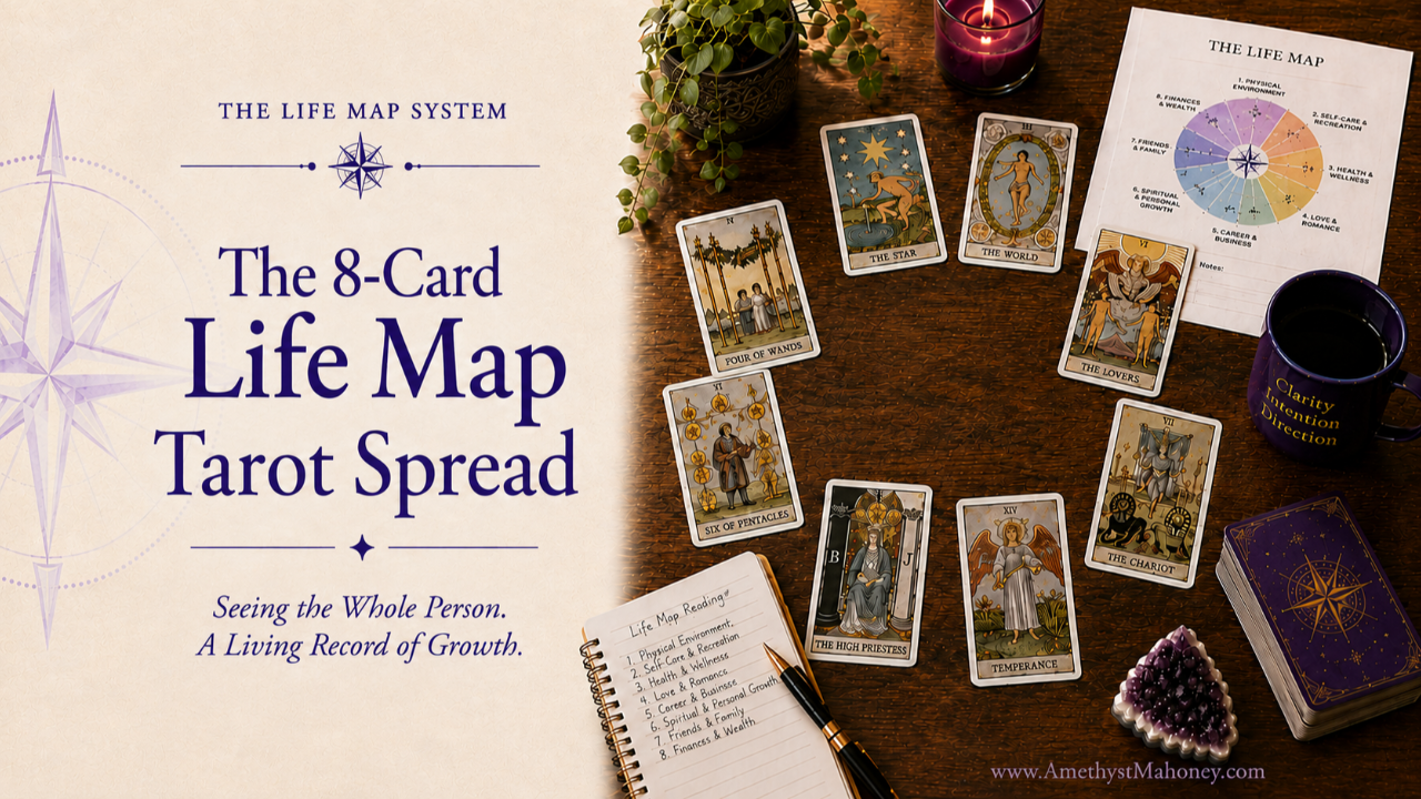 The 8 Card Life Map Spread. 8 Tarot cards are arranged in a circle on a table.