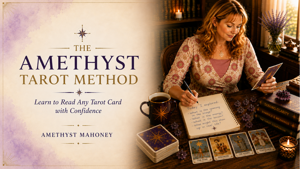 The Amethyst Tarot Method - Learn to Read Any Tarot Card with Confidence. A woman practices Tarot at a desk with cards and a journal. Follow this image to learn more about The Amethyst Tarot Method course.