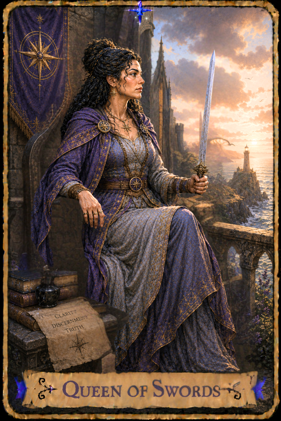 Queen of Swords Tarot card showing a woman with long curly dark hair wearing a gray embroidered gown and a flowing purple cloak fastened at her shoulders as she sits on a stone throne overlooking the sea. She holds a sword upright in one hand while her other arm rests along the arm of the throne, gazing thoughtfully toward the horizon. A folded purple banner embroidered with an eight-pointed compass drapes over the side of the throne. Beside her, stacked books, a feather quill, an ink bottle, and a handwritten page labeled "Clarity," "Discernment," and "Truth" rest on a stone ledge. A stone tower rises on the cliffs behind her with a purple banner flying overhead, while waves break against the rocky shoreline beneath a glowing sunrise sky filled with soft clouds and soaring seabirds.