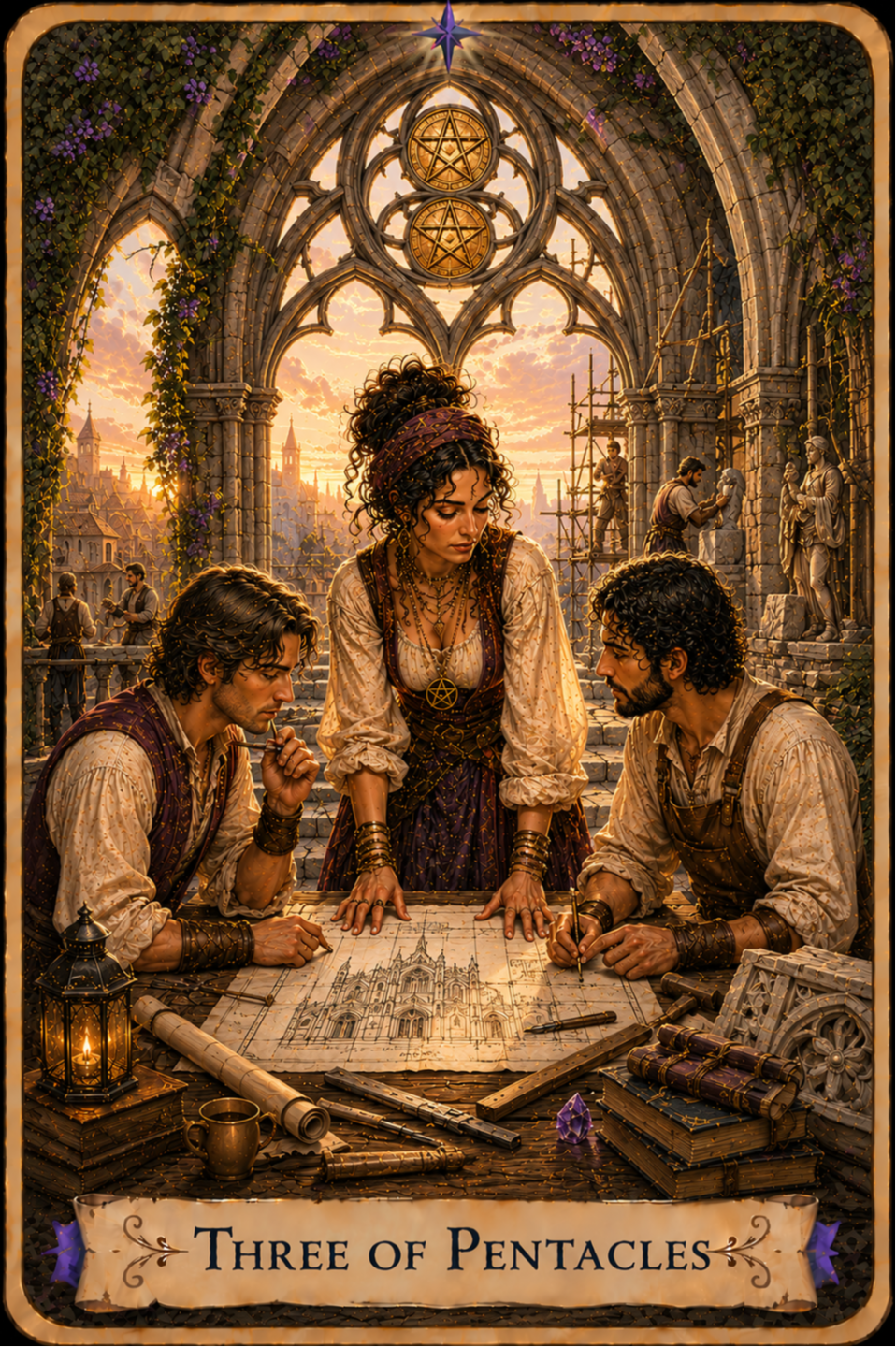 Three of Pentacles from the Unconquered Heart Tarot. Three people gather around a large architectural drawing spread across a worktable, studying the plans together. The woman in the center leans over the drawing with both hands on the table while the two men beside her hold drawing tools. They are surrounded by scrolls, books, tools, and a lantern beneath the stone arches of a cathedral under construction. Three golden pentacles appear in the arched window above them, with workers and scaffolding visible in the background.