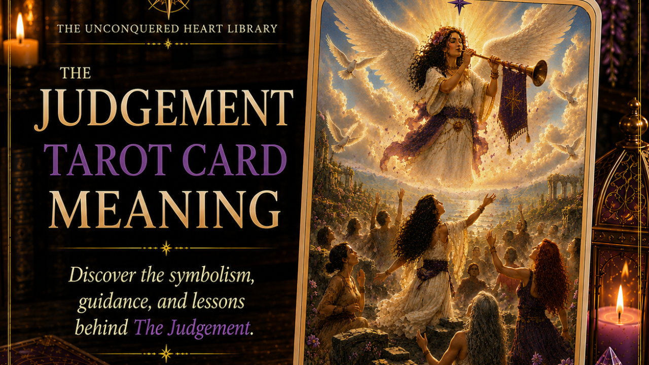 Judgement Tarot Card Meaning featuring the card from the Unconquered Heart Tarot. Card is fully described in the article.