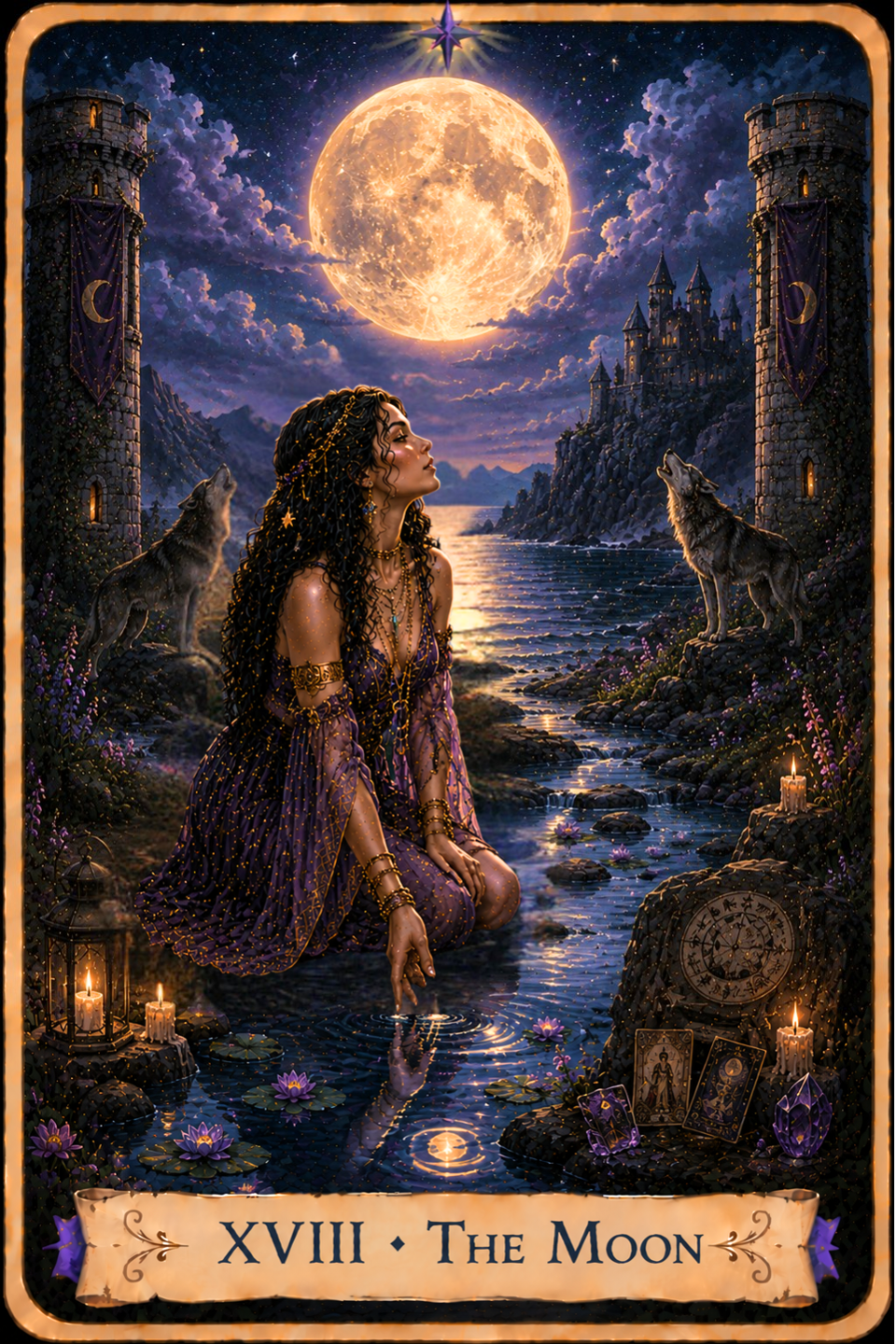 The Moon from The Unconquered Heart Tarot depicts a woman kneeling in a shallow stream beneath a large glowing full moon. She wears a flowing purple dress and looks upward, with one hand touching the water. Two wolves stand on opposite sides of the stream with their heads raised. Tall stone towers flank the landscape, and a castle stands on a rocky cliff in the distance. Water lilies float in the stream, while candles, crystals, Tarot cards, and a circular chart rest on rocks nearby beneath a star-filled night sky.