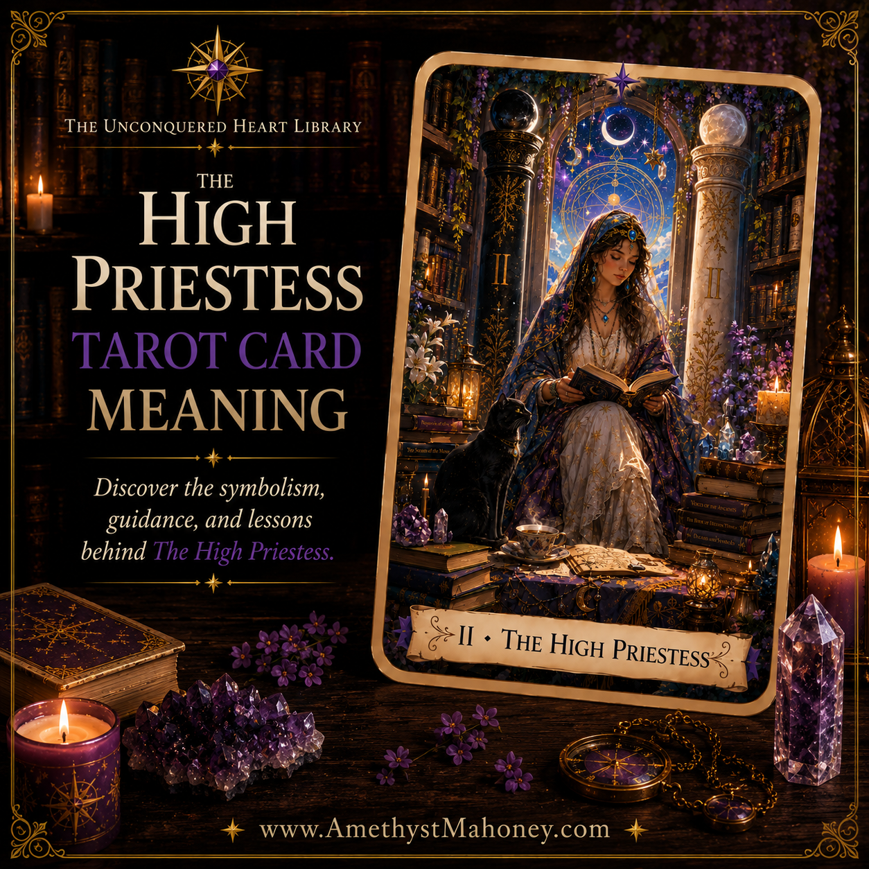 The High Priestess Tarot Card Meaning, featuring The High Priestess from The Unconquered Heart Tarot. Follow this image to read the article, including a full description of the card.