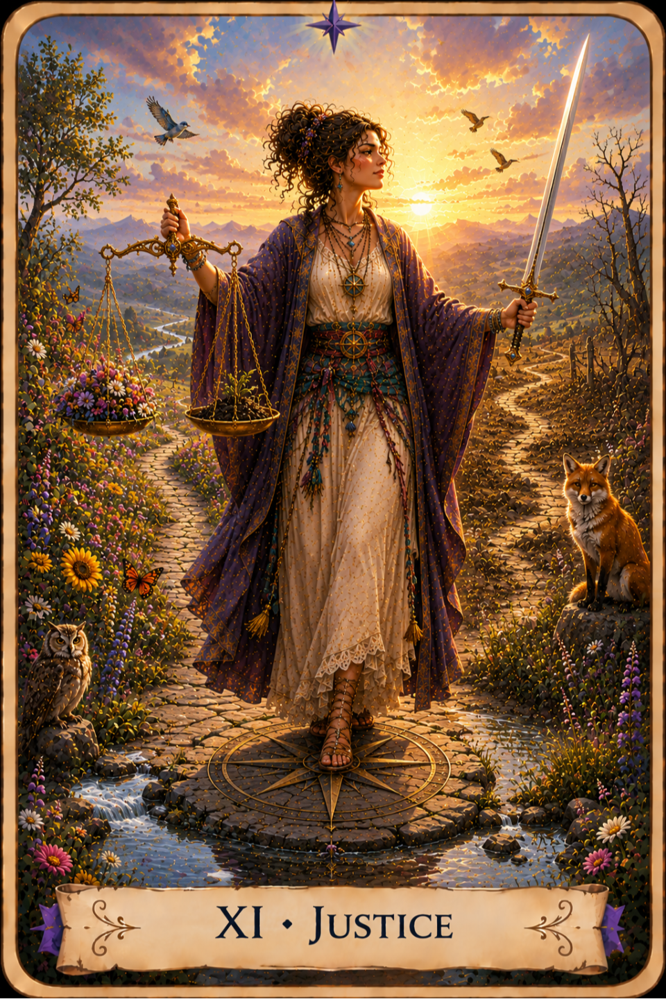 Justice from The Unconquered Heart Tarot depicts a woman standing at the meeting point of two paths, holding a set of scales in one hand and an upright sword in the other. She wears flowing purple, blue, and white clothing with gold details. One side of the landscape is filled with colorful flowers and greenery, while the other has bare trees and dry ground. An owl sits near the flowered path and a fox sits near the other path. Birds and butterflies fly overhead, with mountains, a winding river, and the setting sun in the distance.